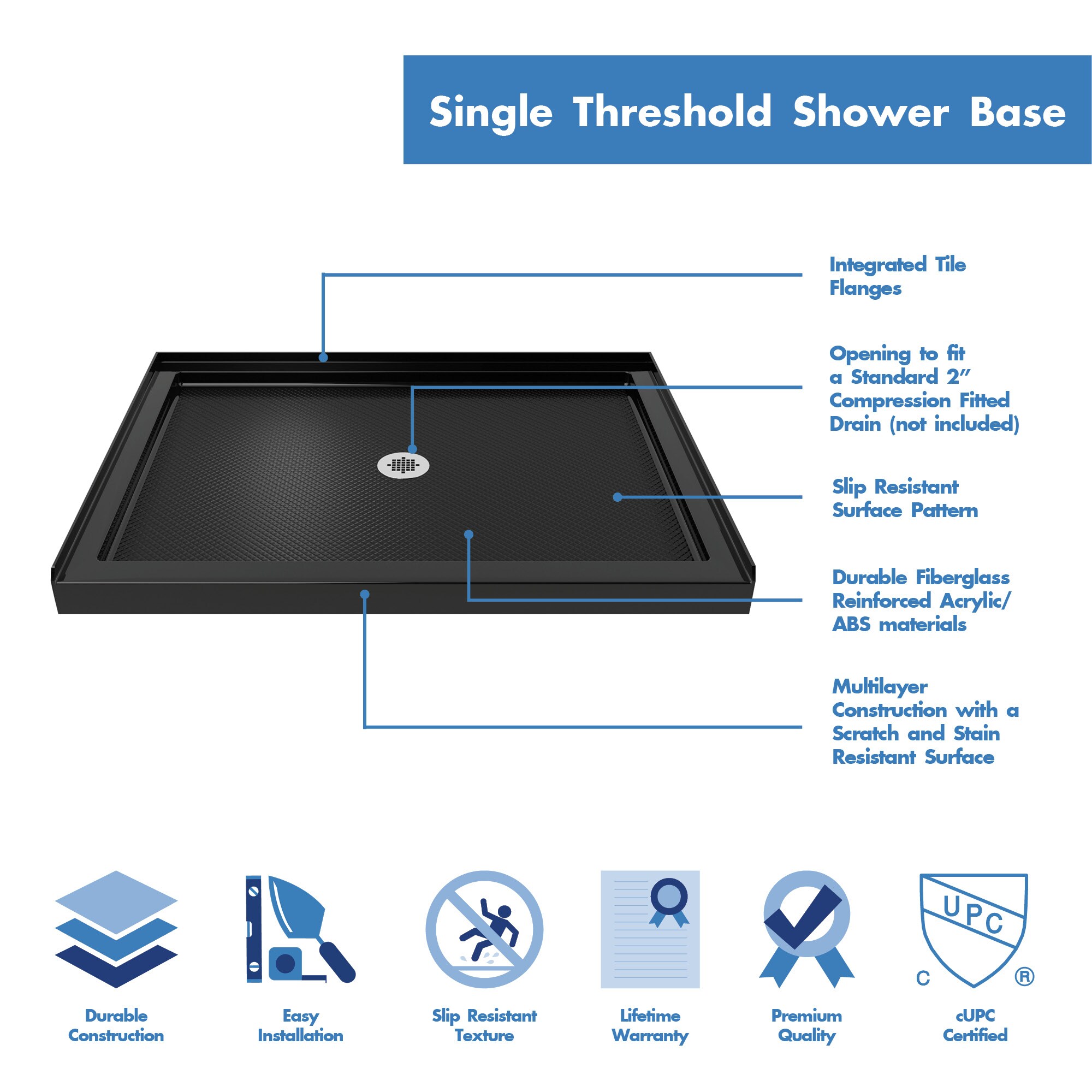 SlimLine 60" Biscuit Rectangular Acrylic Shower Base