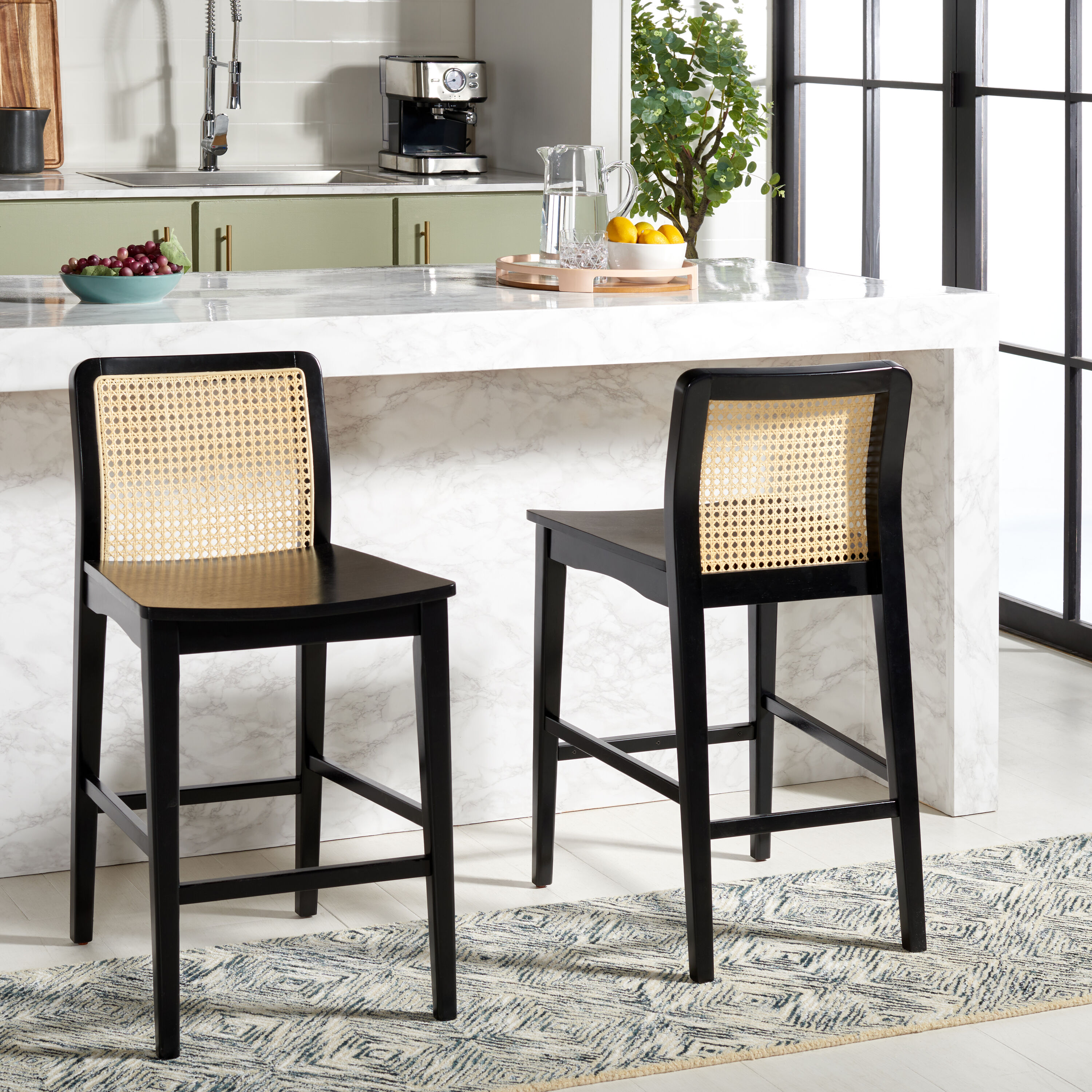 Coastal Breeze Black & Natural Rubberwood Barstool Set of 2