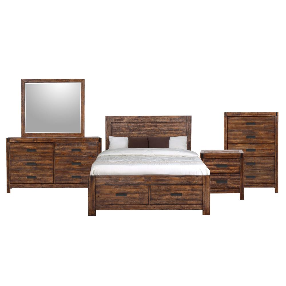 Wren Rustic Chestnut King Platform Bedroom Set with Storage Bed, Chest, Nightstand, Dresser & Mirror in Brown | - Picket House Furnishings WN100KSB5PC