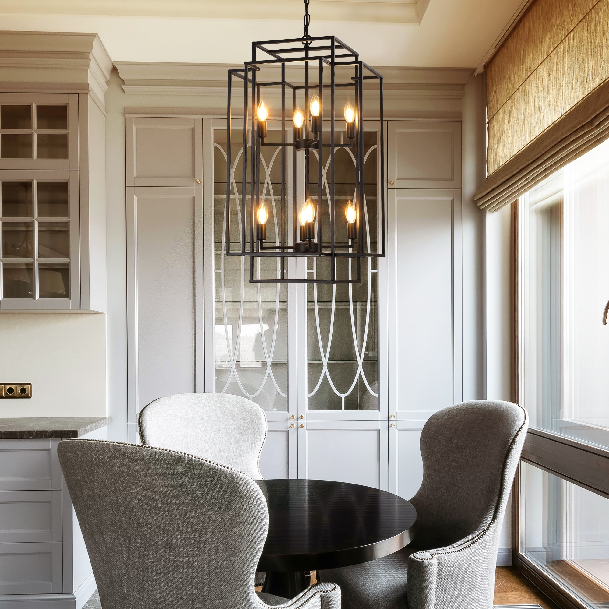 Zitrend 18-in Black Lantern Pendant Light Modern 8-Light Two-Tier Iron Cage with Adjustable Rods for Foyer Dining Room and Kitchen Island