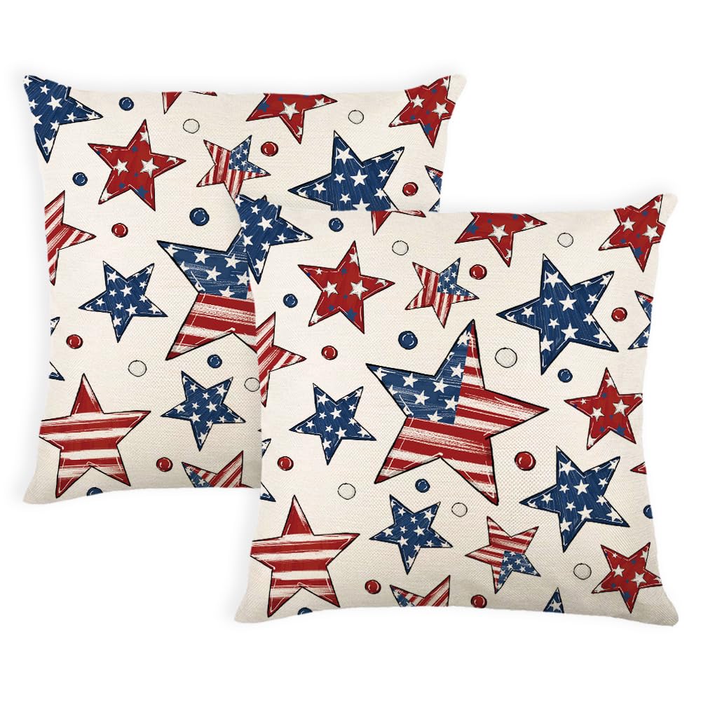 CYIKE  4th of July Decorative Pillow Covers Set of 2 18 by 18 Patriotic Star White Throw Pillow Covers American Flag USA Flag Star Pillowcase