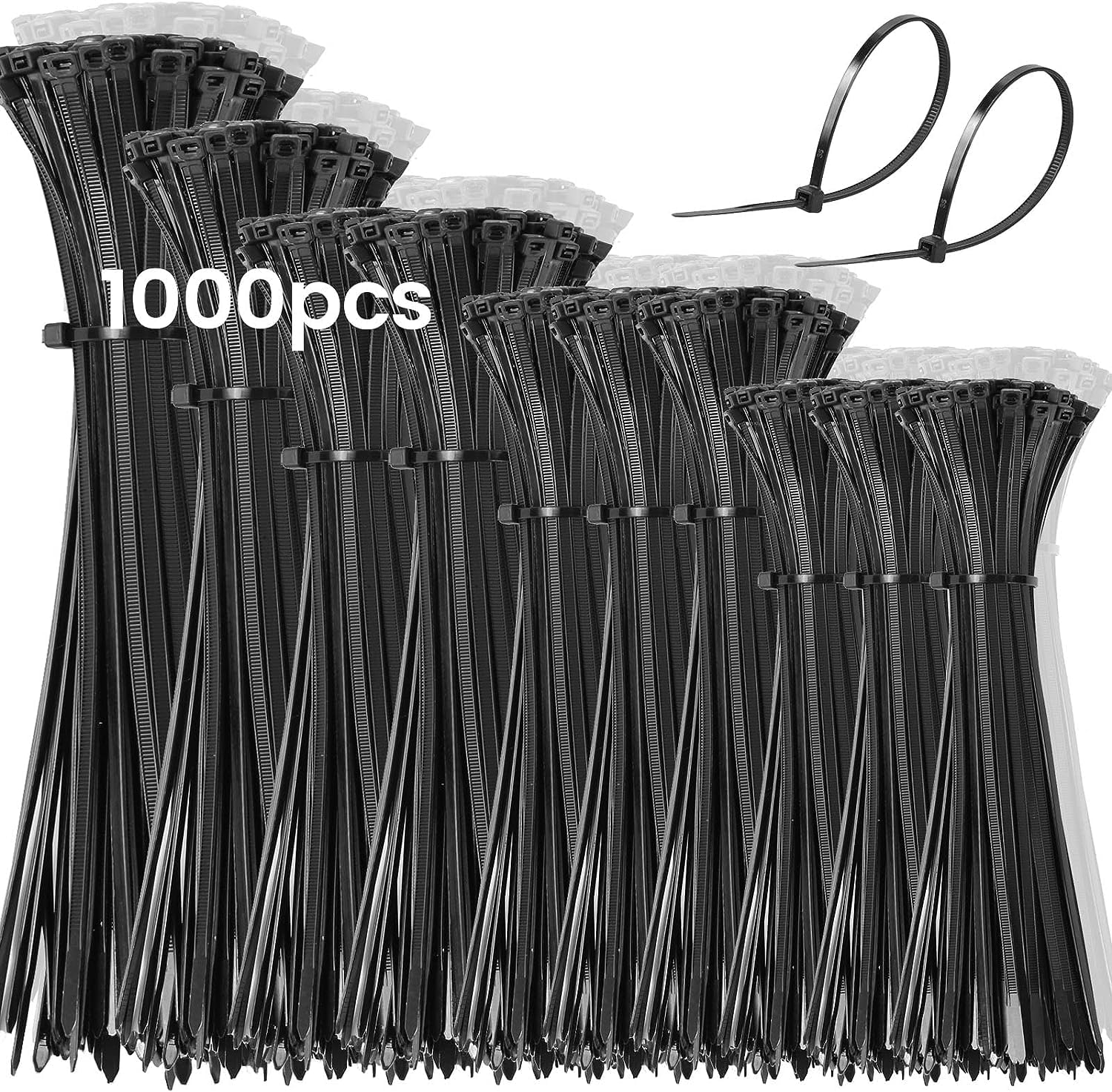 Vrbgify  1000 pcs Black Cable Zip Ties Assorted Sizes 14 12 10 8 6 4 Inch Heavy Duty Nylon Wire Ties UV Resistant Self Locking for Indoor Outdoor