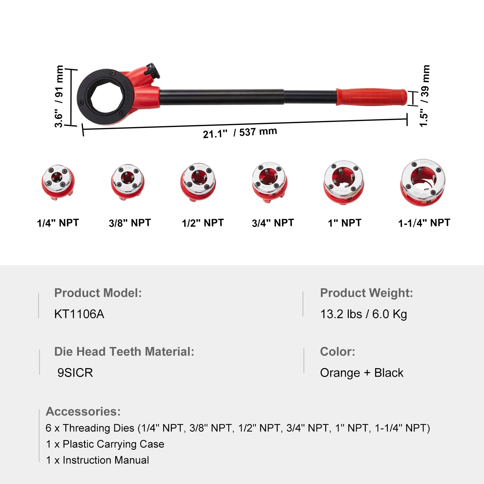 Mecale Ratchet Pipe Threader Kit 6 Dies 1/4 to 1-1/4 in NPT Manual ...