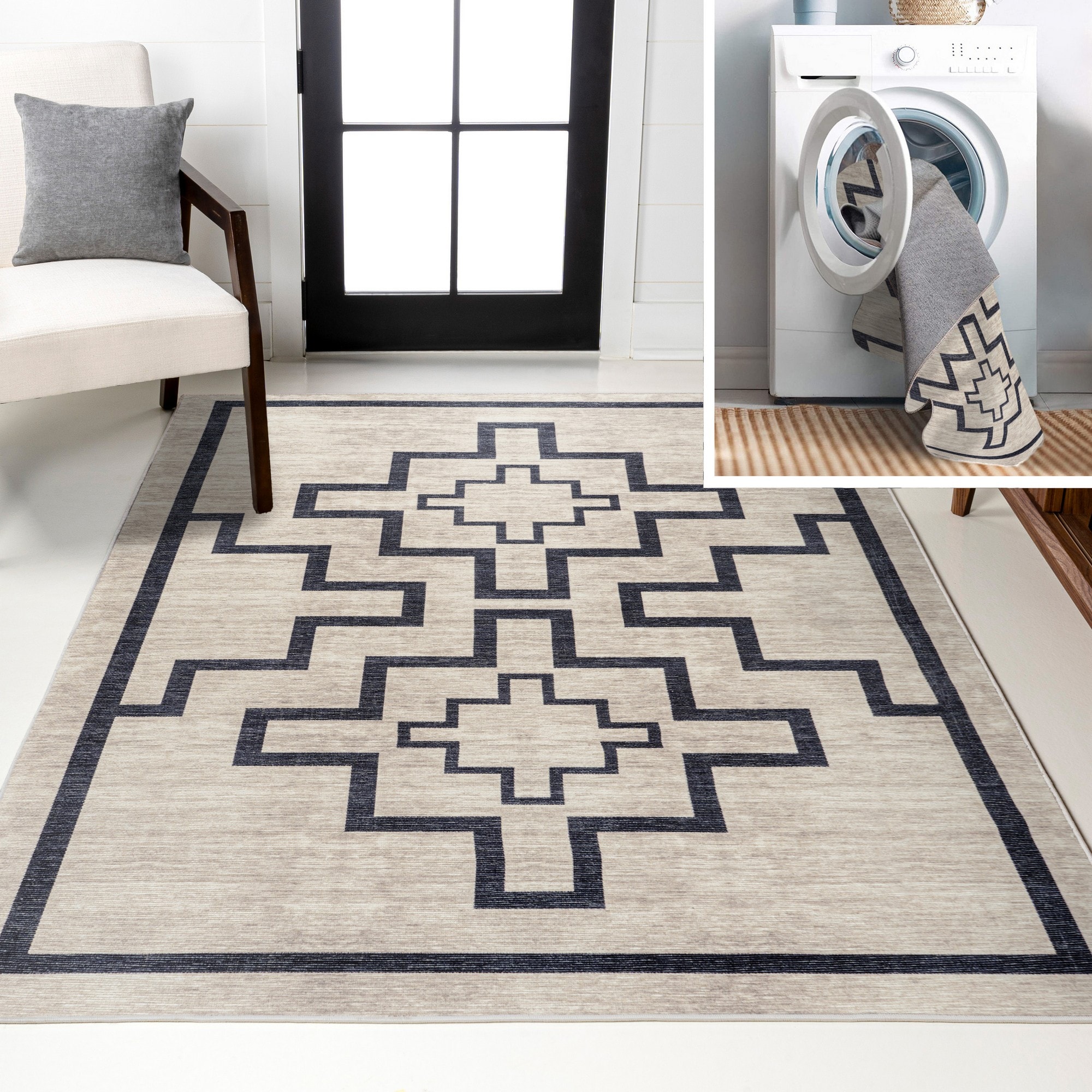 JONATHAN  Y WSH115A-3 WASHABLE Ashkii Minimalist 3 x 5 (ft) Loomed Ivory/Black Rectangular Indoor Geometric Bohemian/Eclectic Machine washable Pet Friendly Area rug
