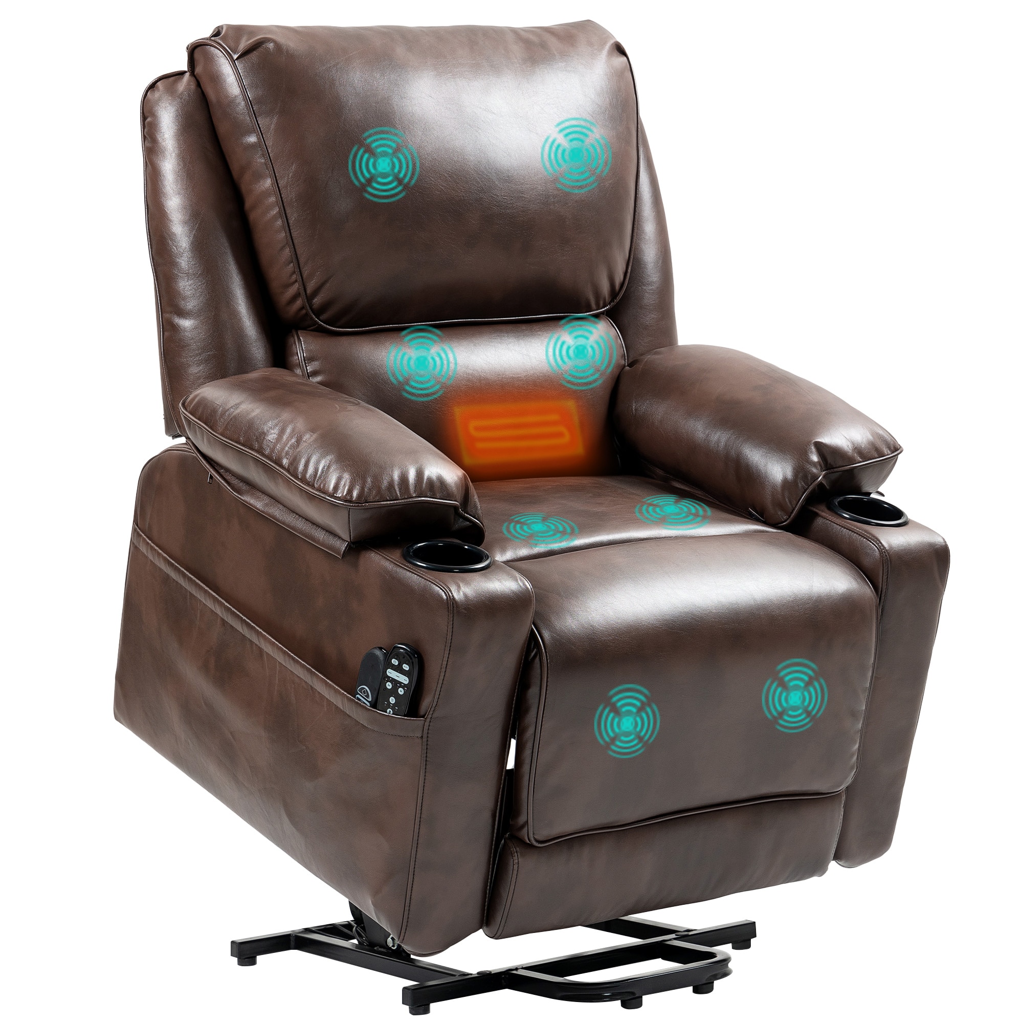 HomCom 713-184V80BN Power Lift Recliner Chair for Elderly Wide Faux Leather Lift Chair with Vibration Massage and Heat Overstuffed Reclining Single Sofa with Remote USB Port Side Pockets Brown