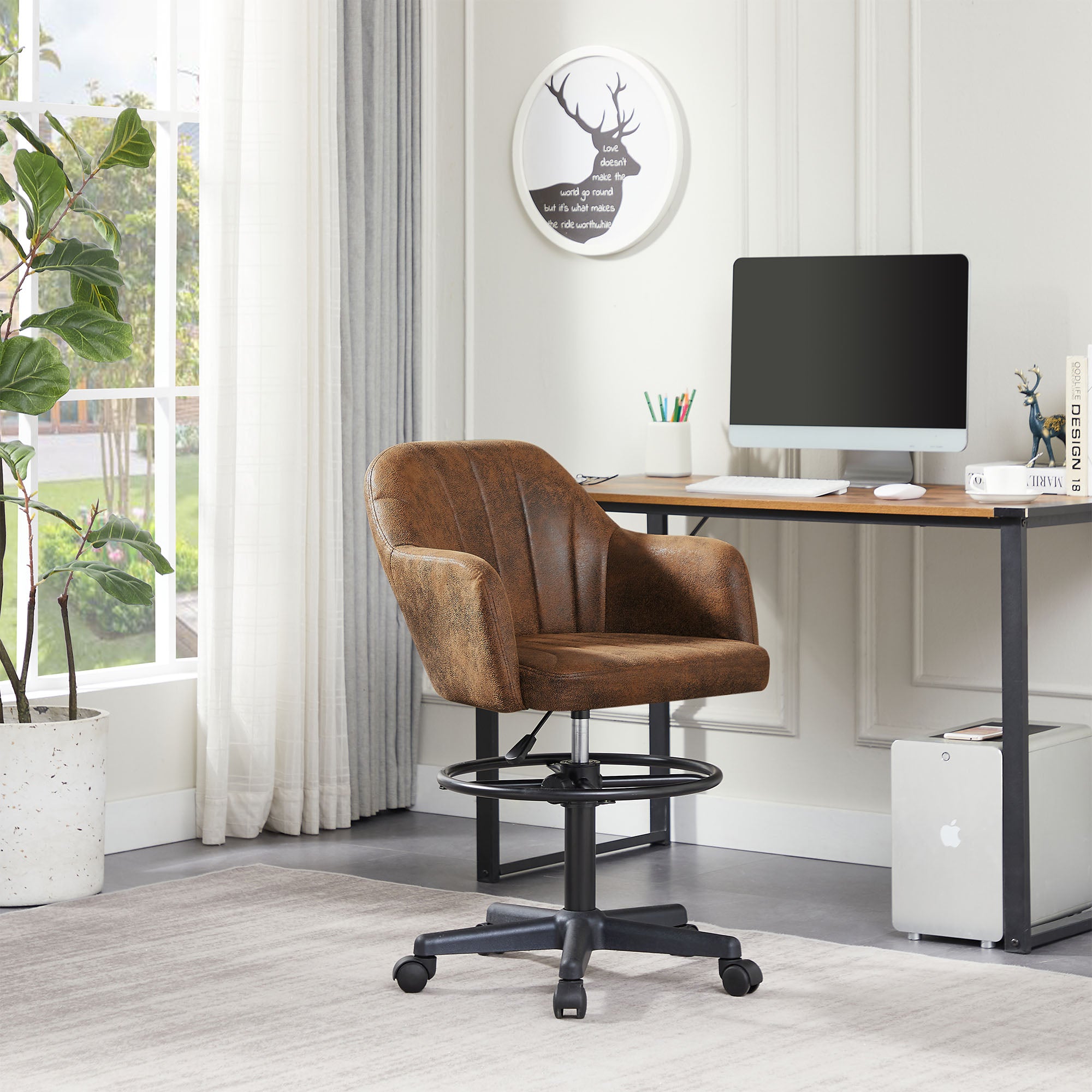 Vecelo LOE-OC15-BRN Drafting Chair with Height Adjustable Lumbar Support and Footrest for Standing Desk Bedroom Vanity Office Living Computer Room