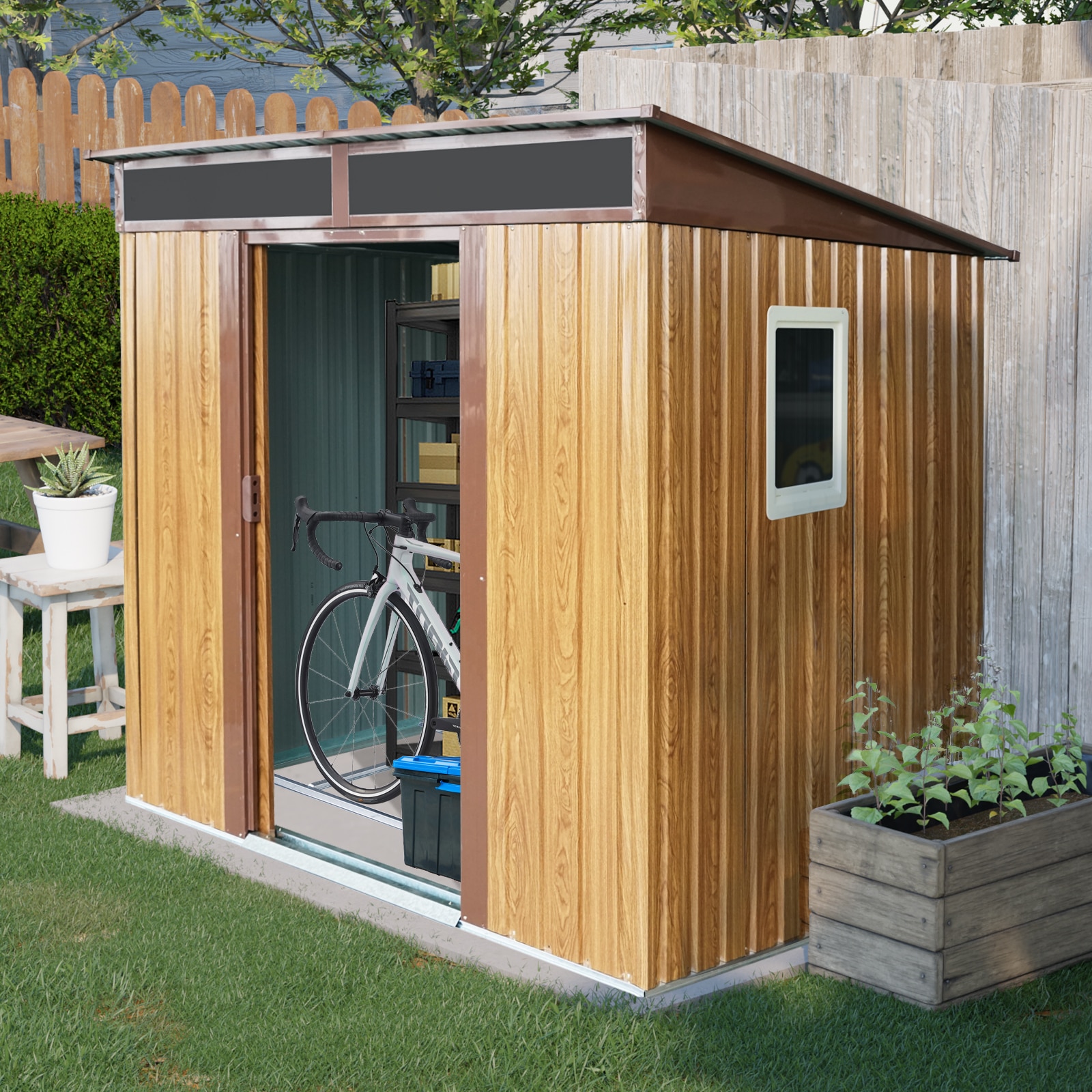 RITSU -  77.00 in L x 59.50 in W x 71.00 in H Coffee Metal Outdoor Storage Shed with Lockable Doo...