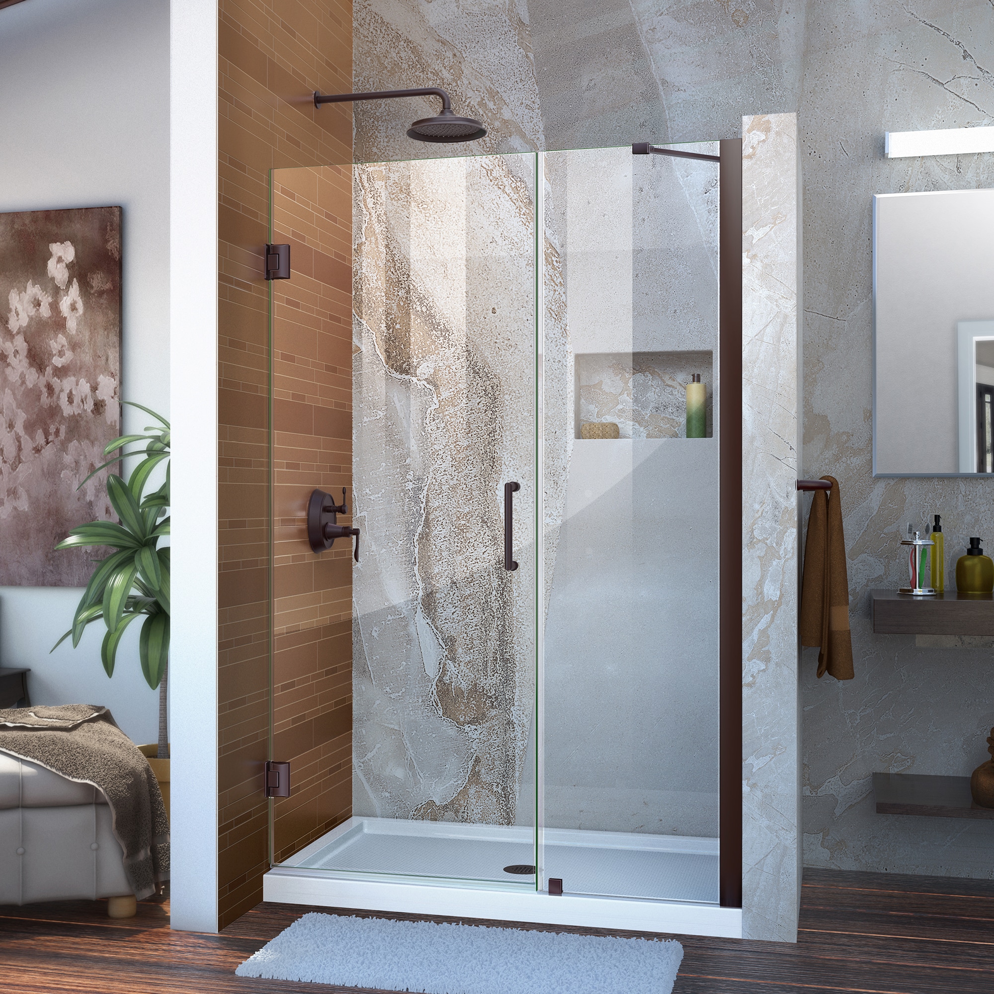 DreamLine SHDR-20447210-06 Unidoor Oil Rubbed Bronze 44-in to 45-in W x 72-in H Frameless Hinged Shower door 3/8-in Thick Clear Glass