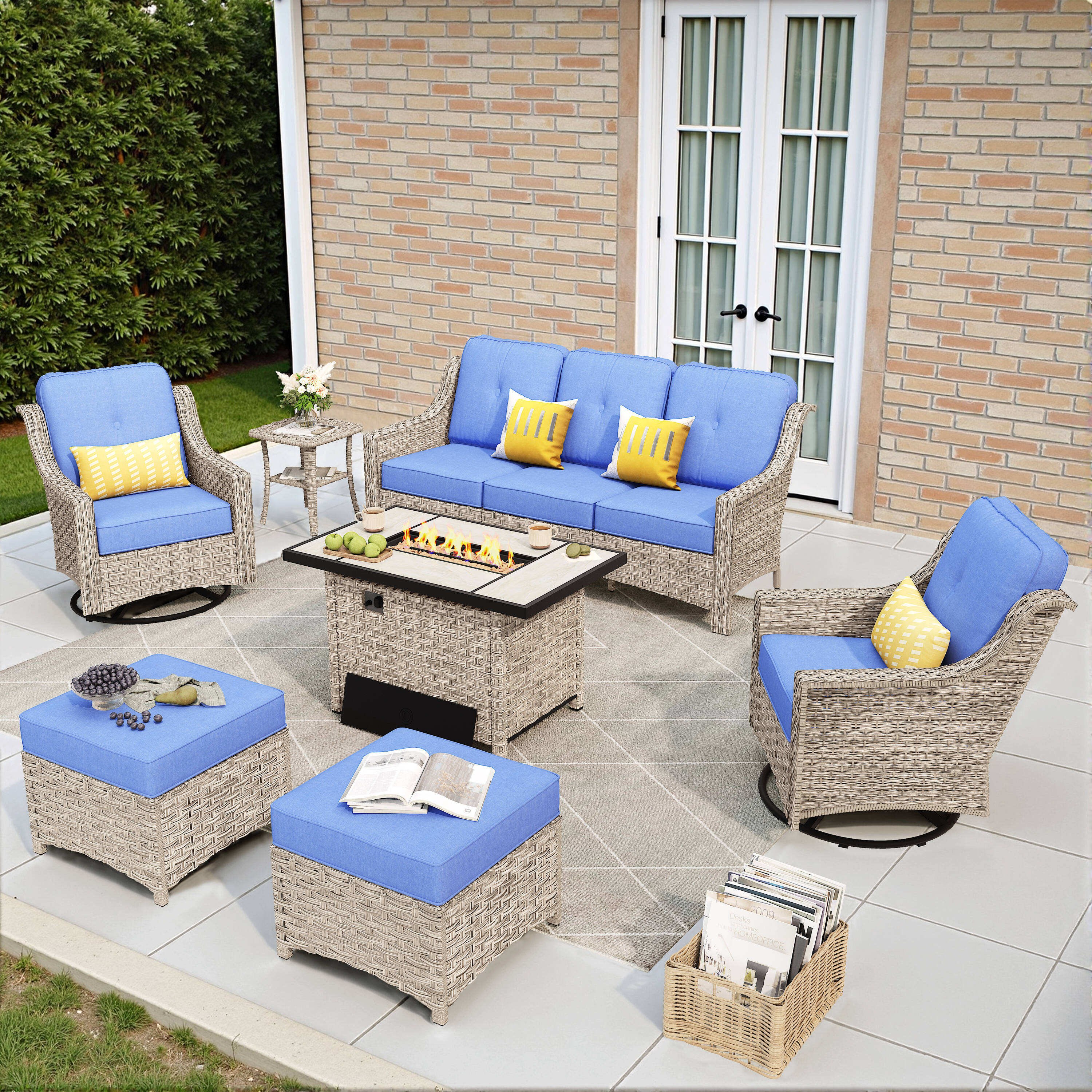 weaxty HMBCFP-YZPAD7072 Aireno 7 -Piece Rattan Patio Sofa Conversation Set with Blue Cushions
