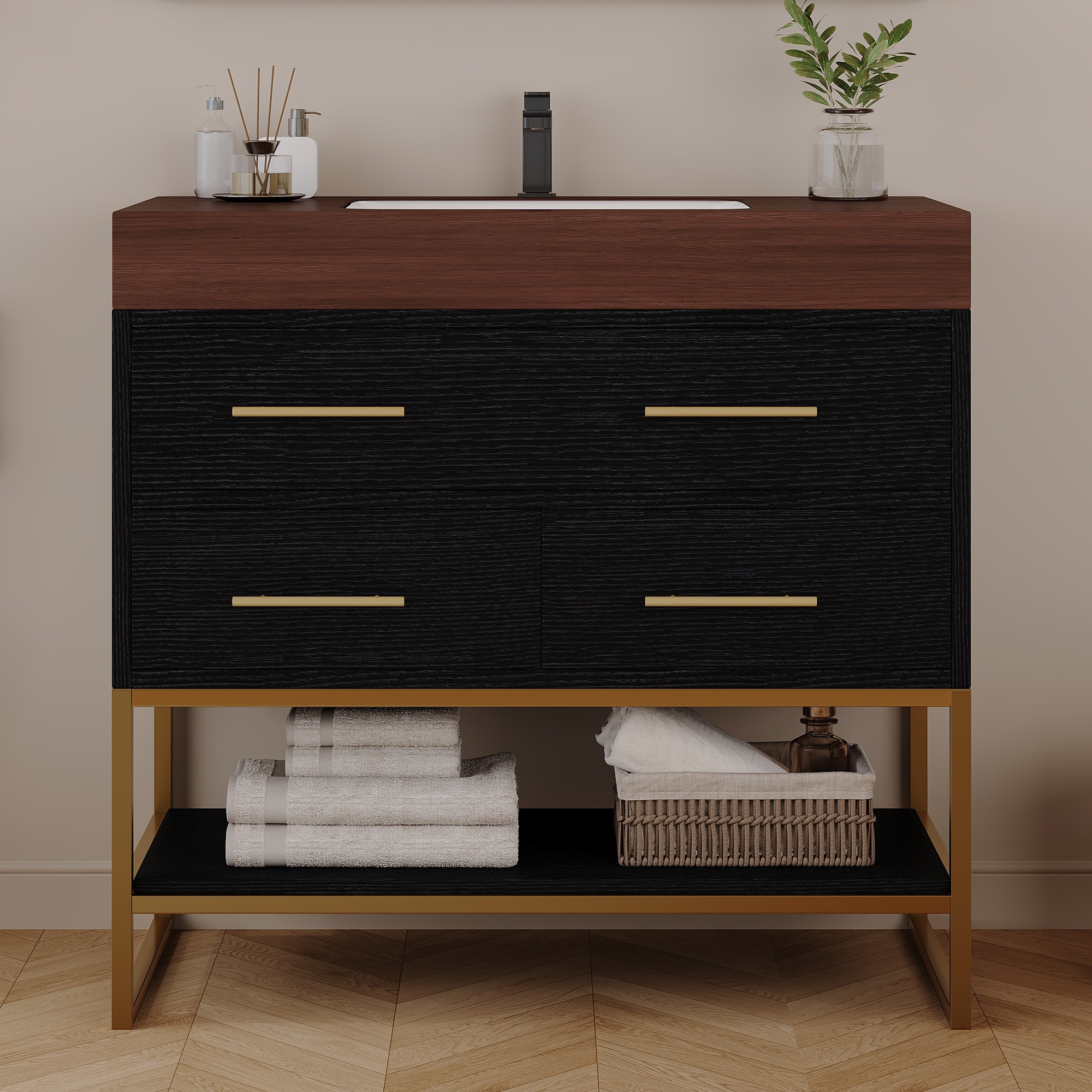 GDFStudio 36 in Artificial Stone Bathroom Vanity with Ceramic Sink Soft-Close Drawers and Open Shelves - Black Cabinet+Walnut Sink