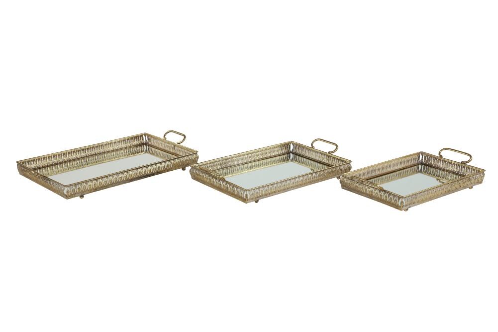 Grayson Lane 67137 Large Rectangular Metallic Gold Mirror Vanity Trays with Pierced Metal Designs Set of 3