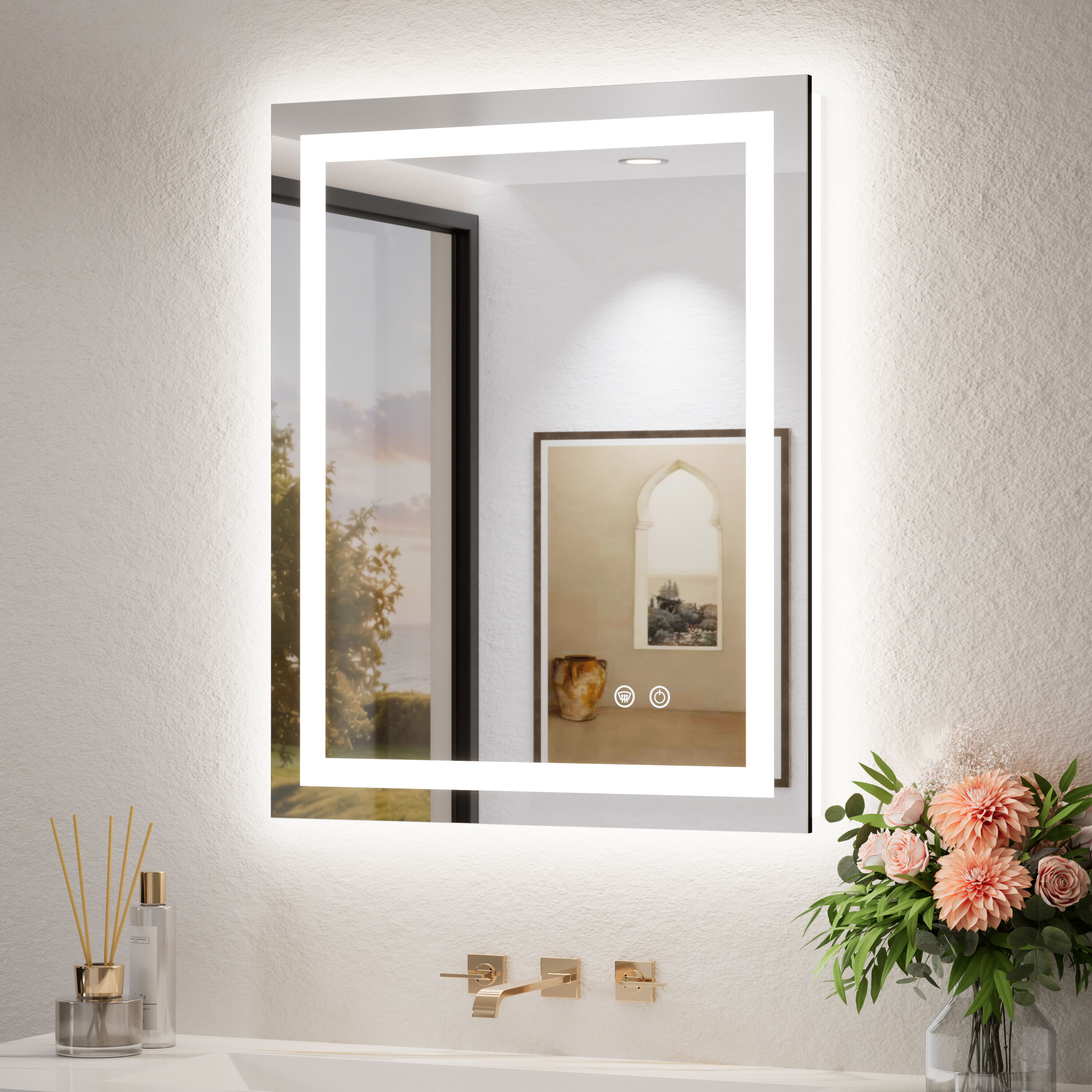 TETOTE 24x30 Inch LED Bathroom Vanity Mirror Tempered Glass Front And Backlit Dimmable 3 Color Lighted Mirror with Lights Anti-fog Memory Function Frameless
