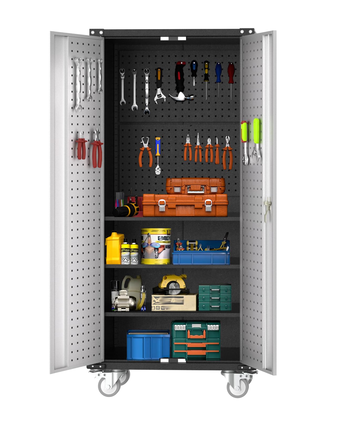 IdealHouse 72 Inch Steel Rolling Tool Cabinet with Lock/ Heavy-Duty Garage Storage on Wheels/ 4 Adjustable Shelves and Pegboard Back/ Industrial Metal Organizer for Workshop Home Warehouse