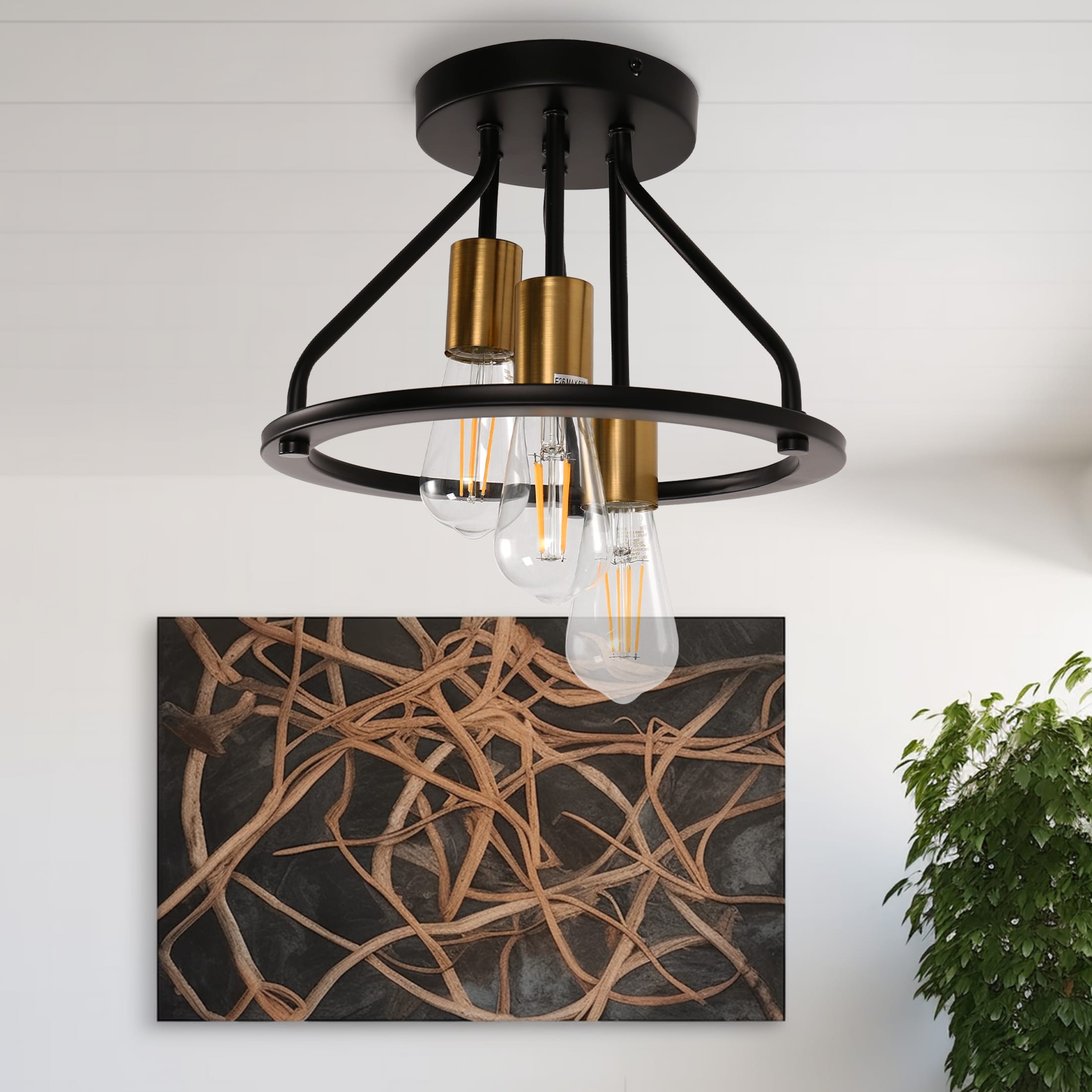 YANSUN L-MC0119402 3 -Light 11.81-in Matte Black Semi Flush Mount Light