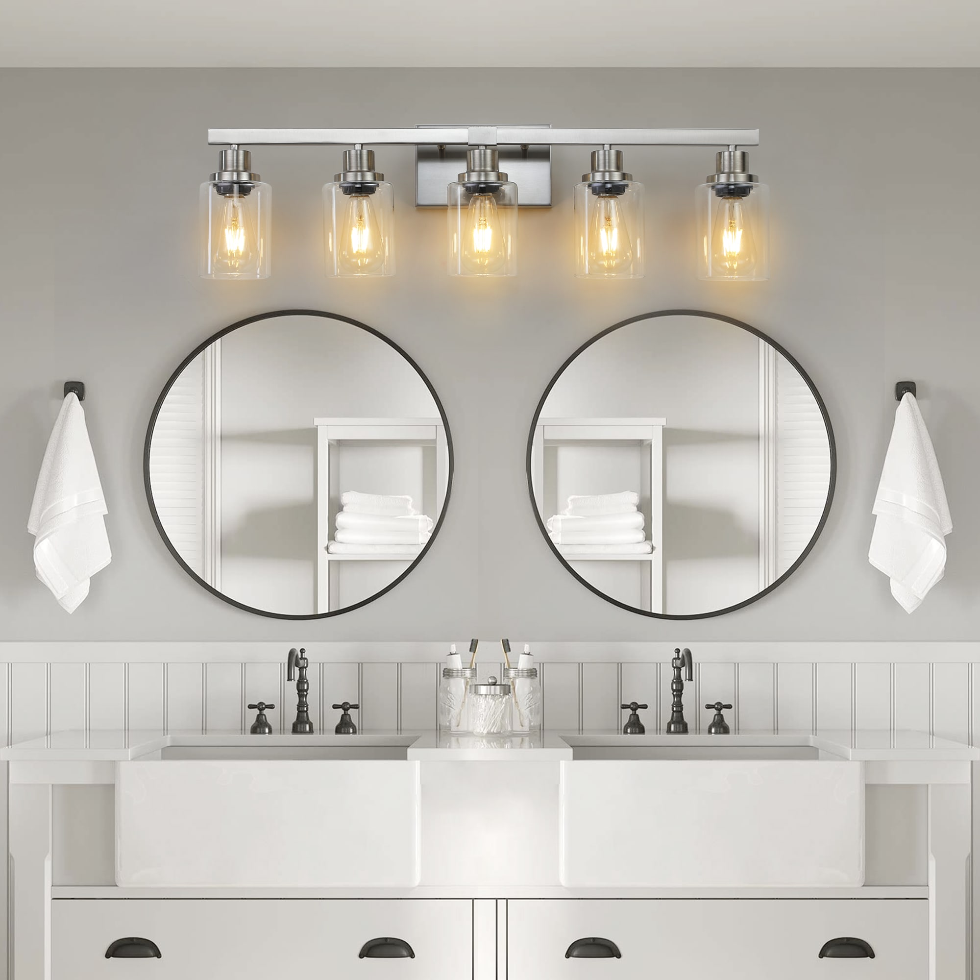 Tatayosi RY-2P374796 31 inches Modern 5-Light Bathroom Vanity Light Fixture - Brushed Nickel Finish with Clear Glass Shades Perfect for Bathroom Vanity and Dressing Area Lighting (No Bulbs)
