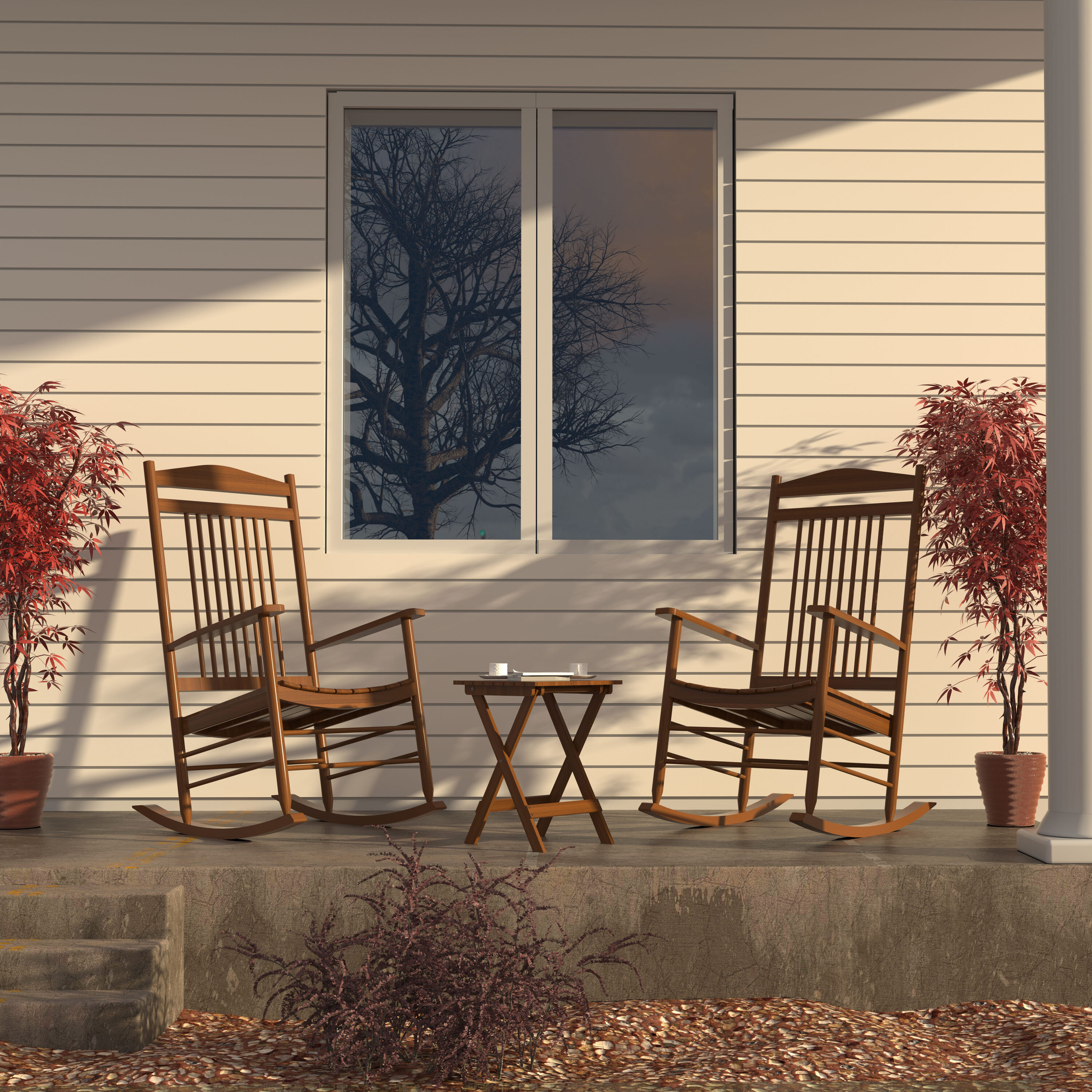 VEIKOUS PG0207-01NW-02 Set of 2 Natural Wood Frame Rocking Chair with Brown Slat Seat