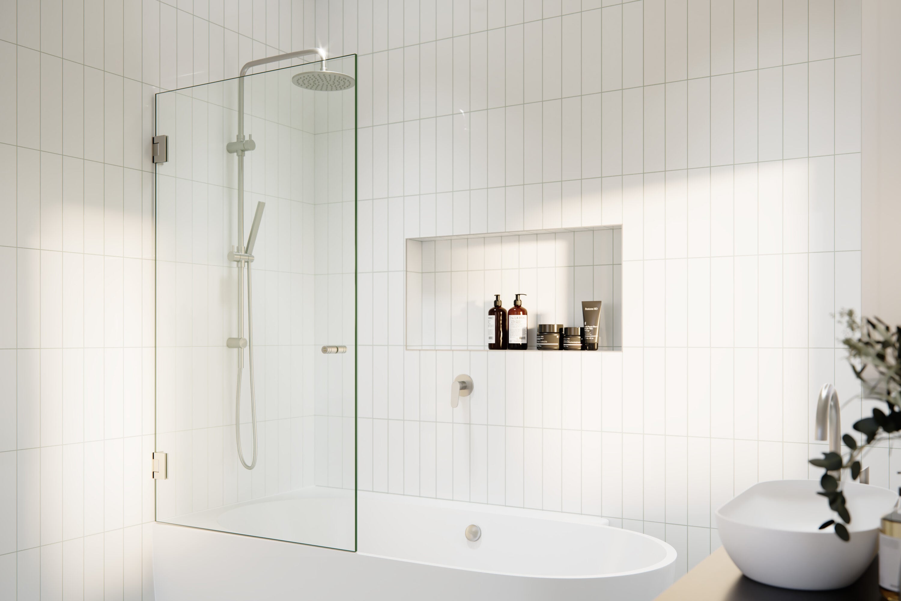 Glass Warehouse Albedo Brushed Nickel 34-in W x 58-in H Frameless Clear Glass Hinged Shower door
