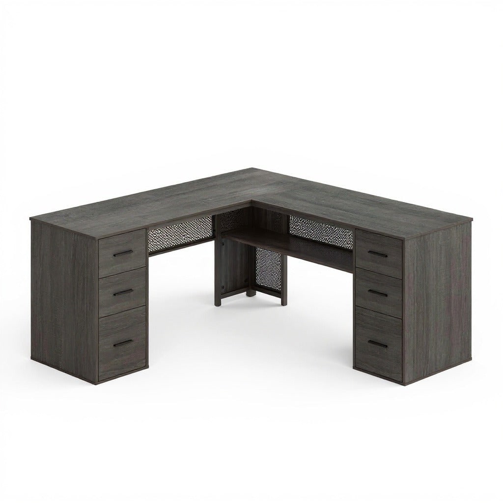 Envelor - Wood L-Shaped Corner Desk with Storage Drawers for Home Office - Dark Gray Oak - 59.1W ...