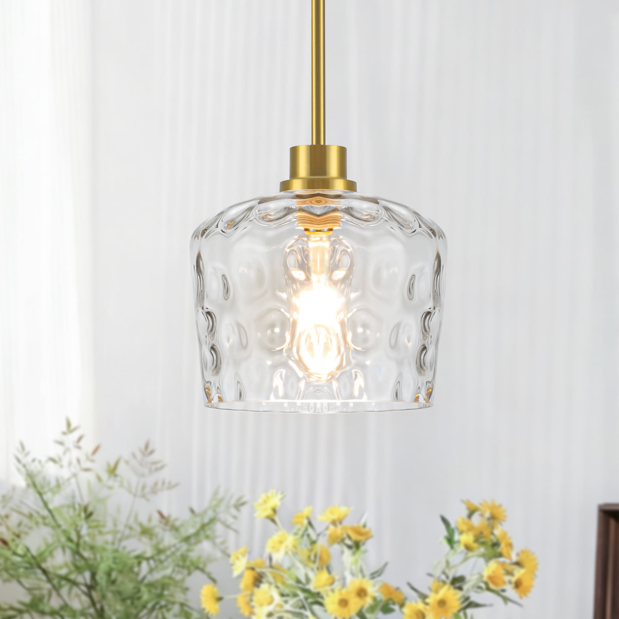 Henveton Jasslynn 1-Light Modern Brass Adjustable Height Pendant Light with Hand-Blow Hammered Glass for Kitchen Island Living Room