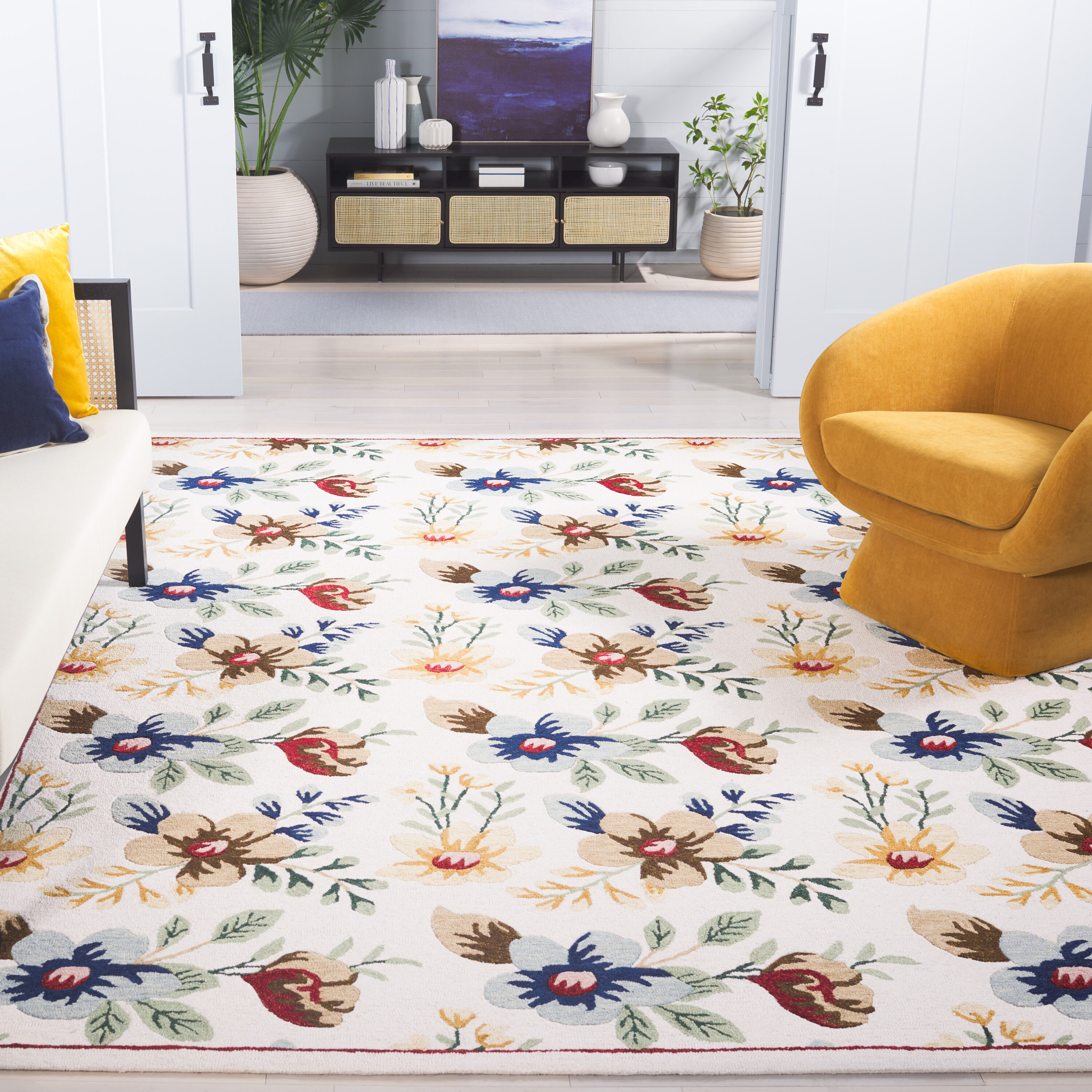  Blossom 571 Ivory/Blue Country Floral 8ft x 10ft Large Rectangle Rug