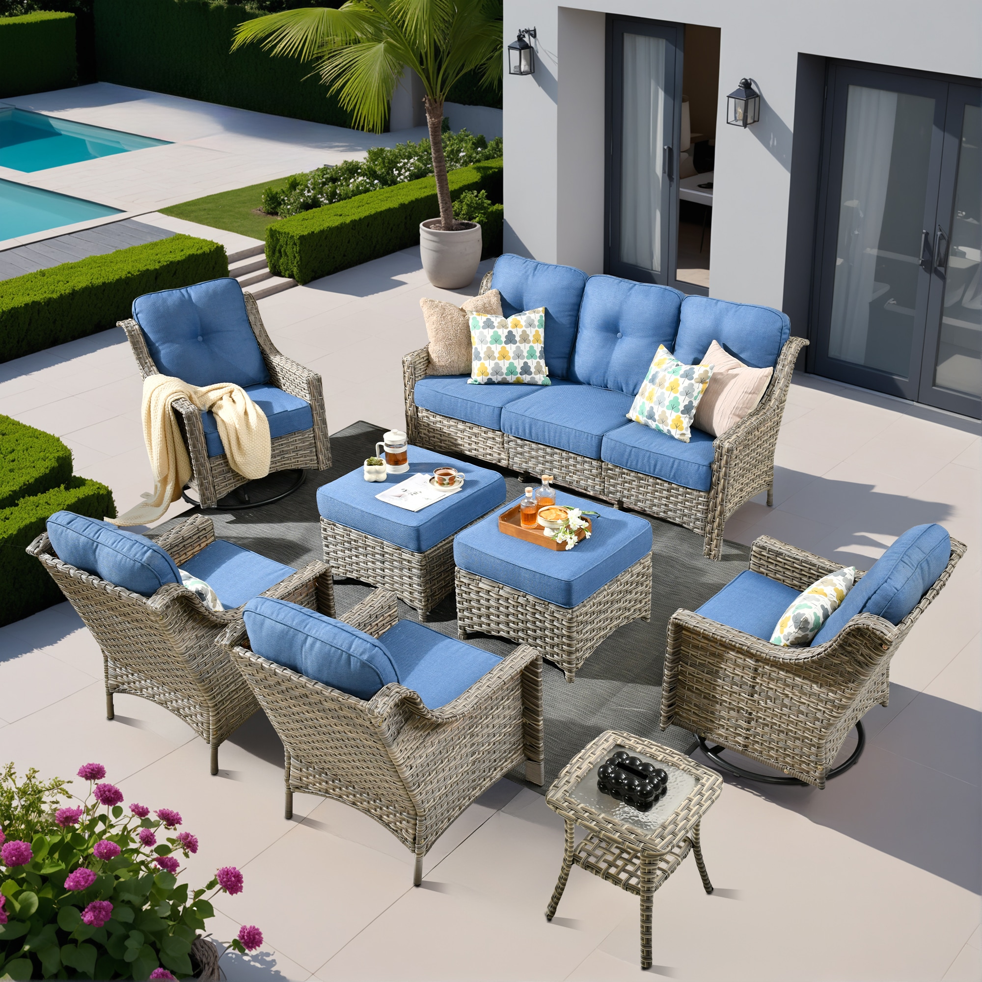 Caodoc L5-YZPAD508 New right-Angles Rattan Outdoor Sectional with Blue Cushions and Rattan Frame