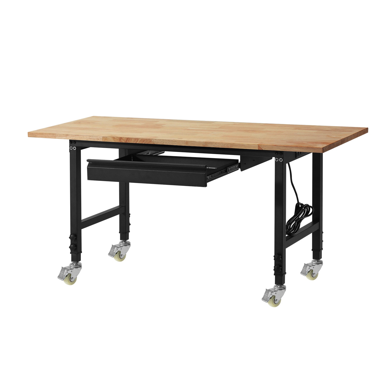 VEVOR Adjustable Workbench on Wheels 2000 lbs Capacity 60 x 24 Inch Oak Wood Top Workbench with Drawer and Power Outlets Heavy-Duty Hardwood Worktable for Garage Workshop Home Office Commercial
