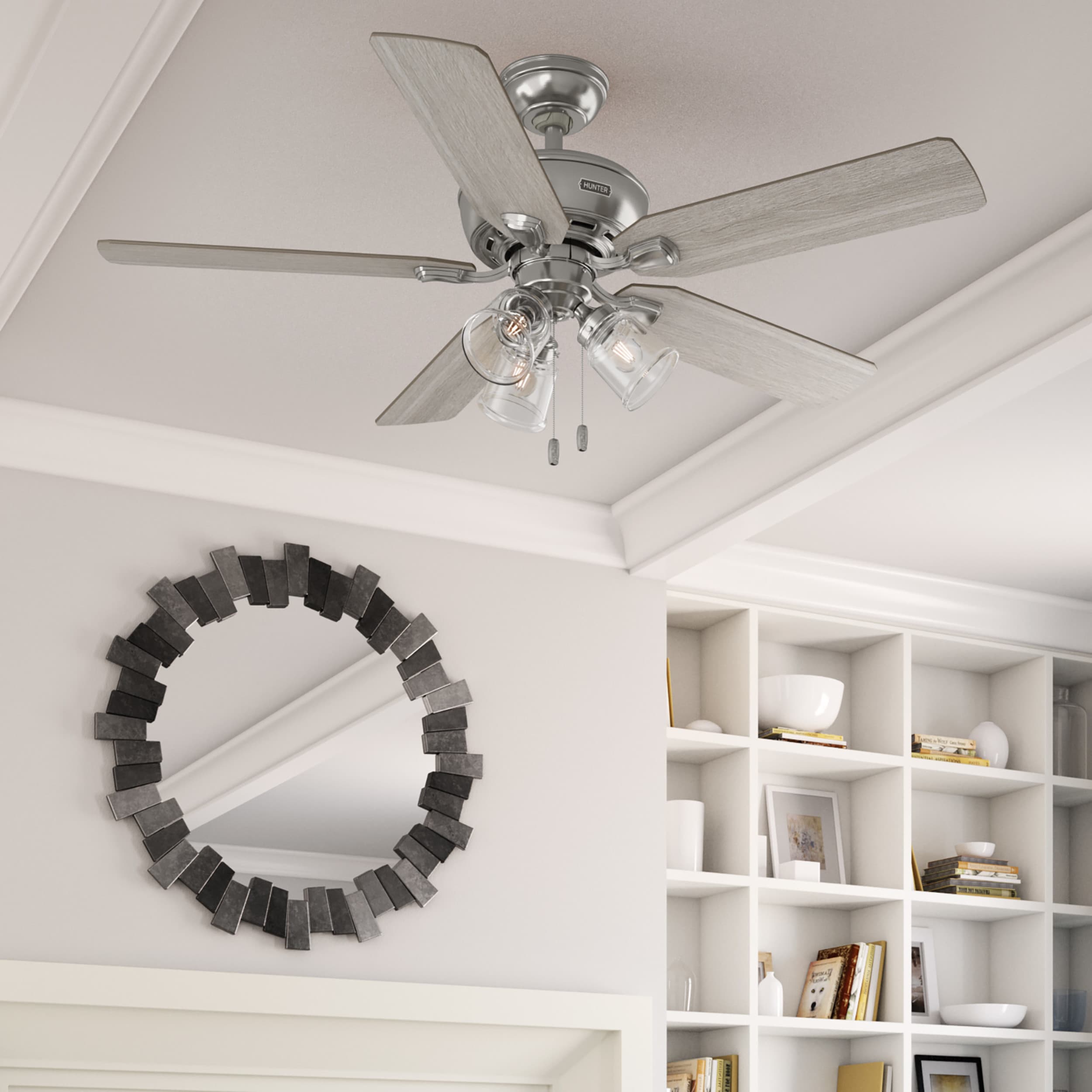 Hunter 51596 Rosner 52-in Brushed Nickel with Light Gray Oak Blades Ceiling Fan With Light ( 5 -Blade )