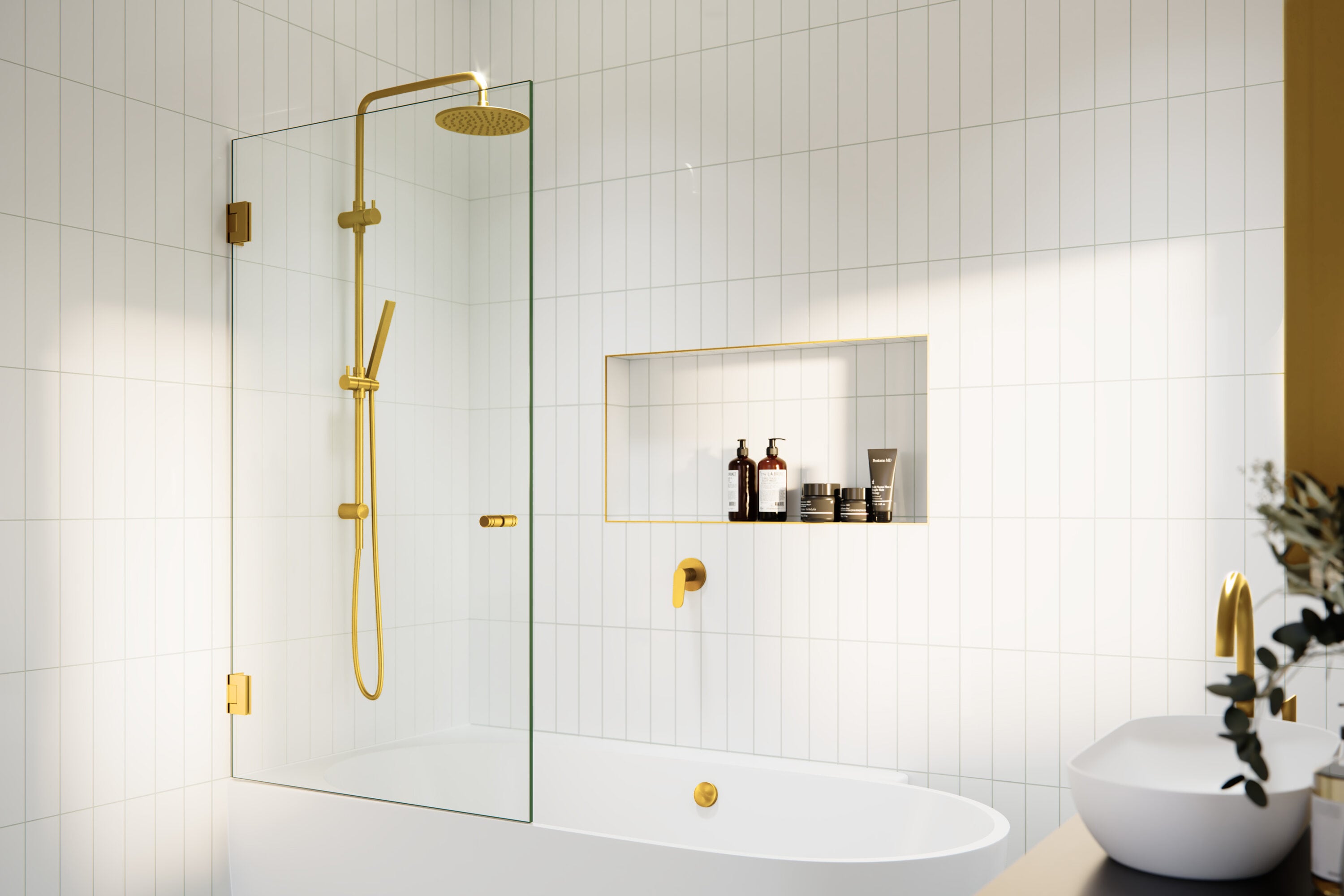 Glass Warehouse Albedo Satin Brass 34-in W x 58-in H Frameless Clear Glass Hinged Shower door