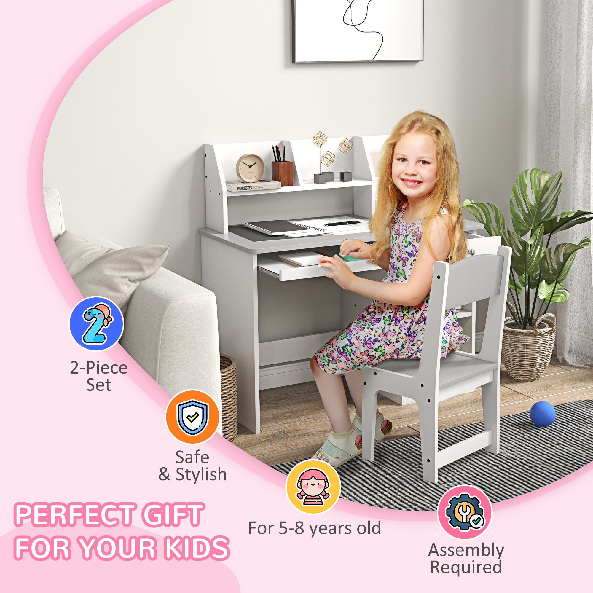 Qaba Kids Desk and Chair Set with Storage Study Desk with Chair for ...