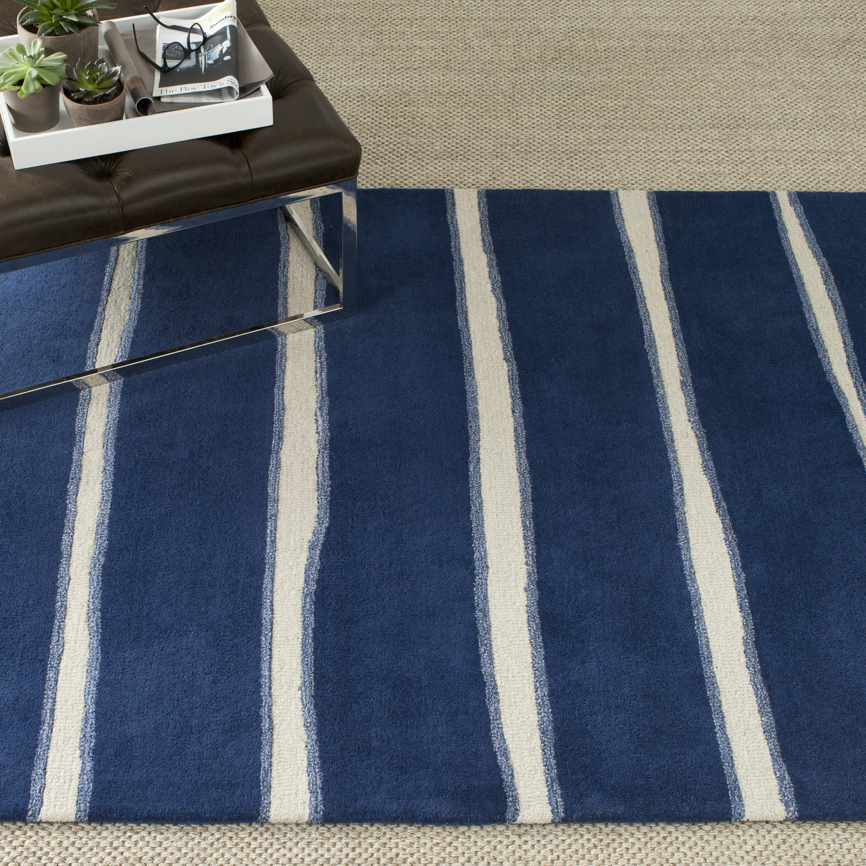 Martha Stewart MSR3617C-3 Chalk Stripe 3 x 5 (ft) Tufted Synthetic Wrought Iron/Navy Rectangular Indoor Stripe Farmhouse/Cottage Throw rug