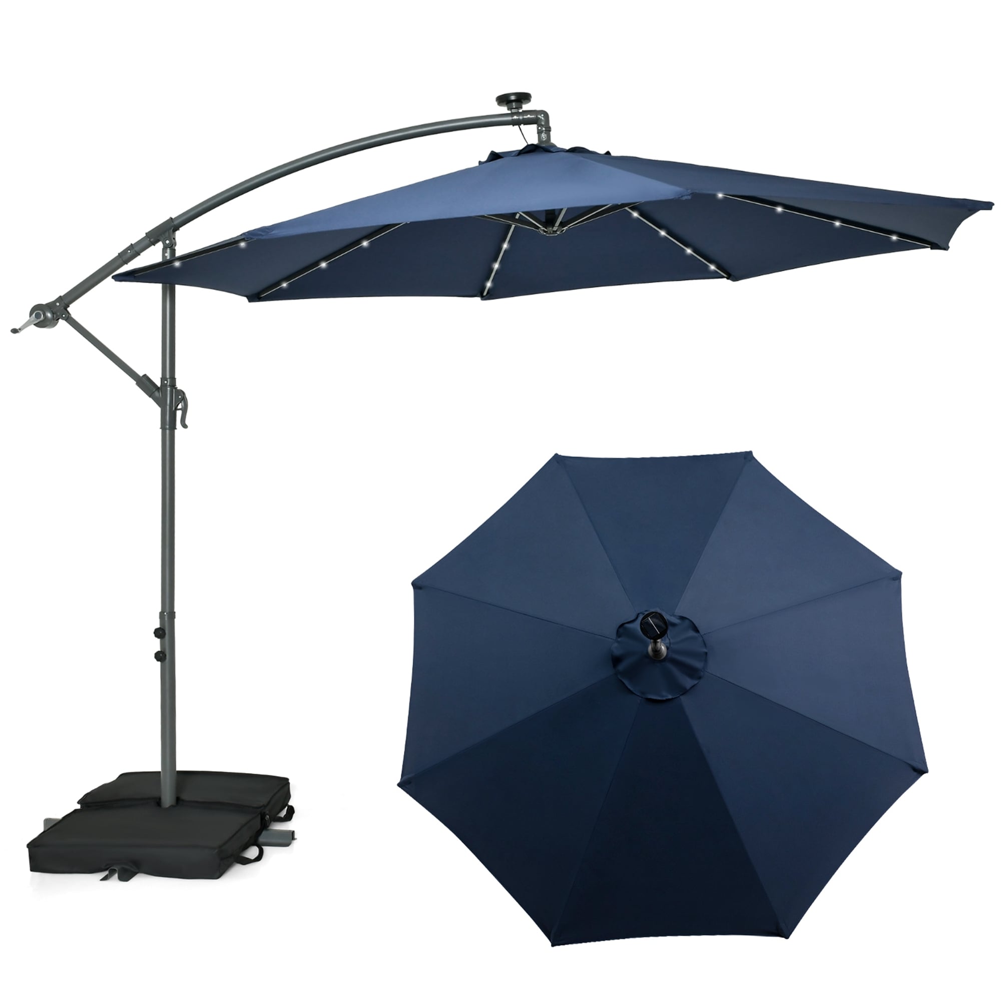 Costway NP11133NY 10-Feet Steel Blue Crank Offset Patio Umbrella with Lights and with Base