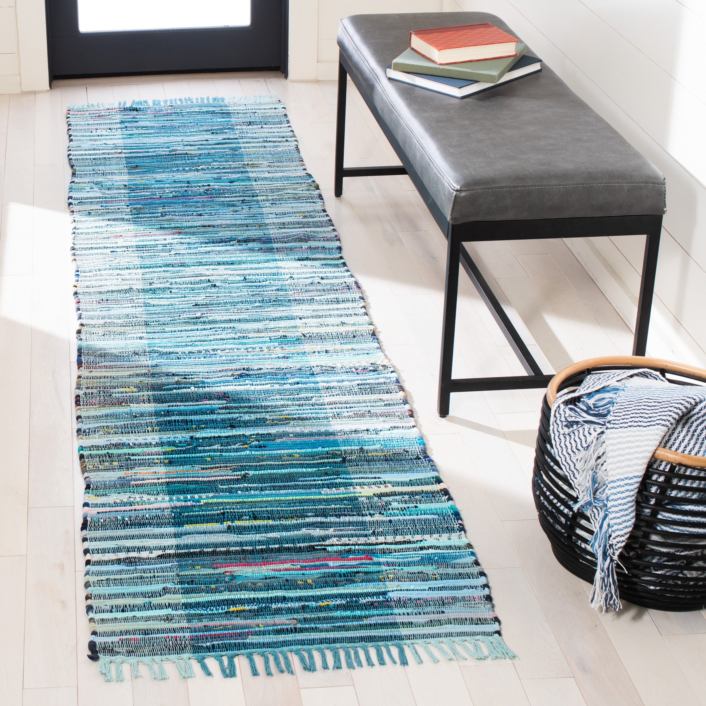 Safavieh RAR122M-29 Rag Rug Romeo 2 x 9 (ft) Cotton Light Blue/Gray Rectangular Indoor Abstract Bohemian/Eclectic Runner rug