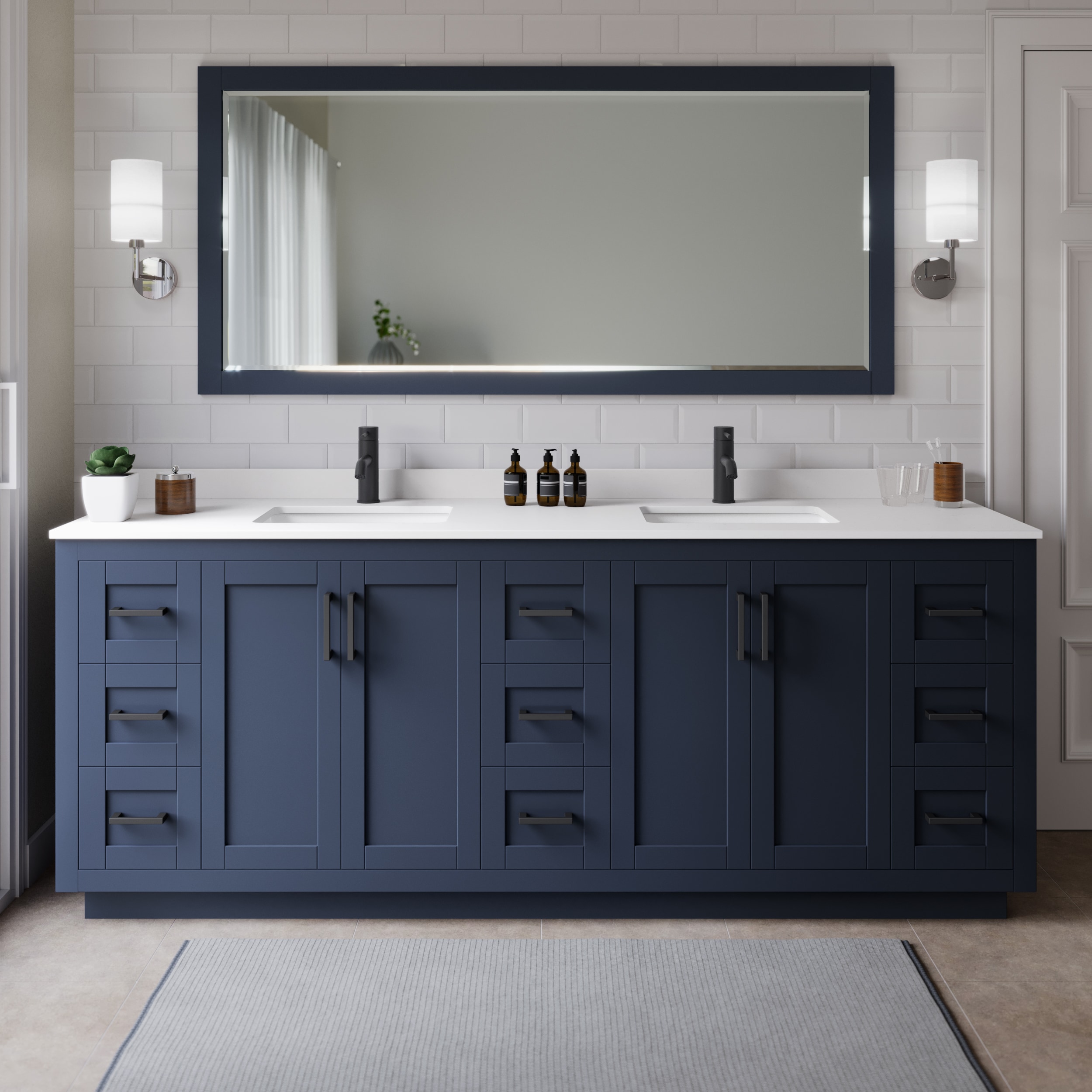 Wyndham Collection WCF292984DBBWCUNSMXX Miranda 84-in Dark Blue with Matte Black Trim Undermount Double sink Bathroom Vanity with White Cultured Marble Cultured marble Top