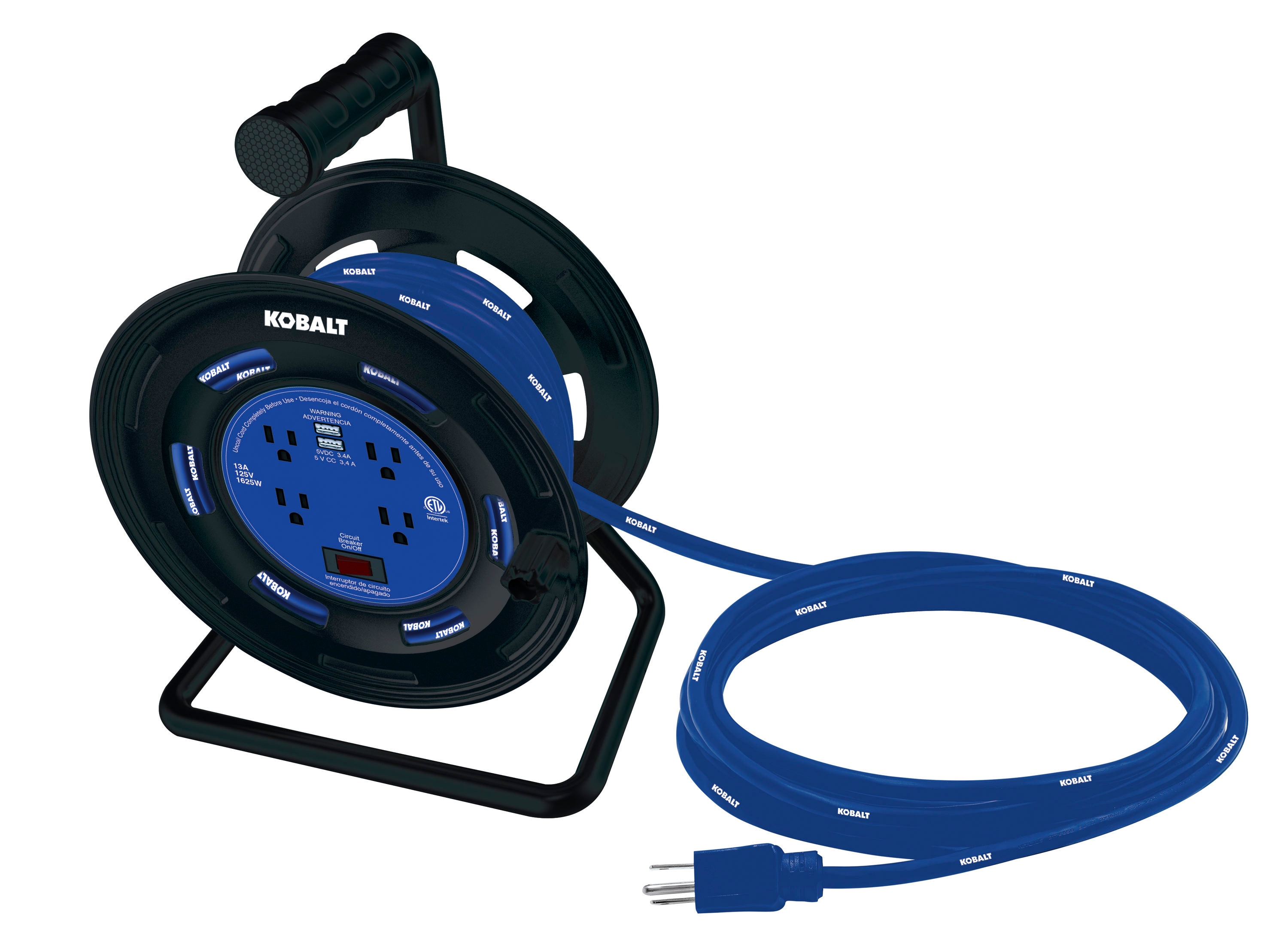 Kobalt 4-outlet Kobalt Black/blue Cord Reel 2-usb W/80ft 14/3 Sjtw Ext Cord  in the Extension Cord Accessories department at