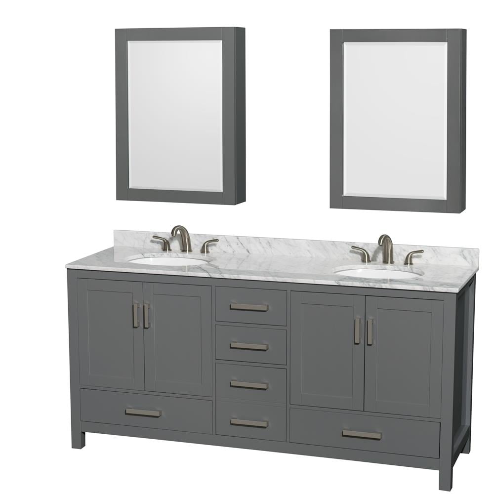 Wyndham Collection Sheffield 72-in Dark Gray Double Sink Bathroom Vanity with White Carrara Marble Natural Marble Top (Mirror Included)