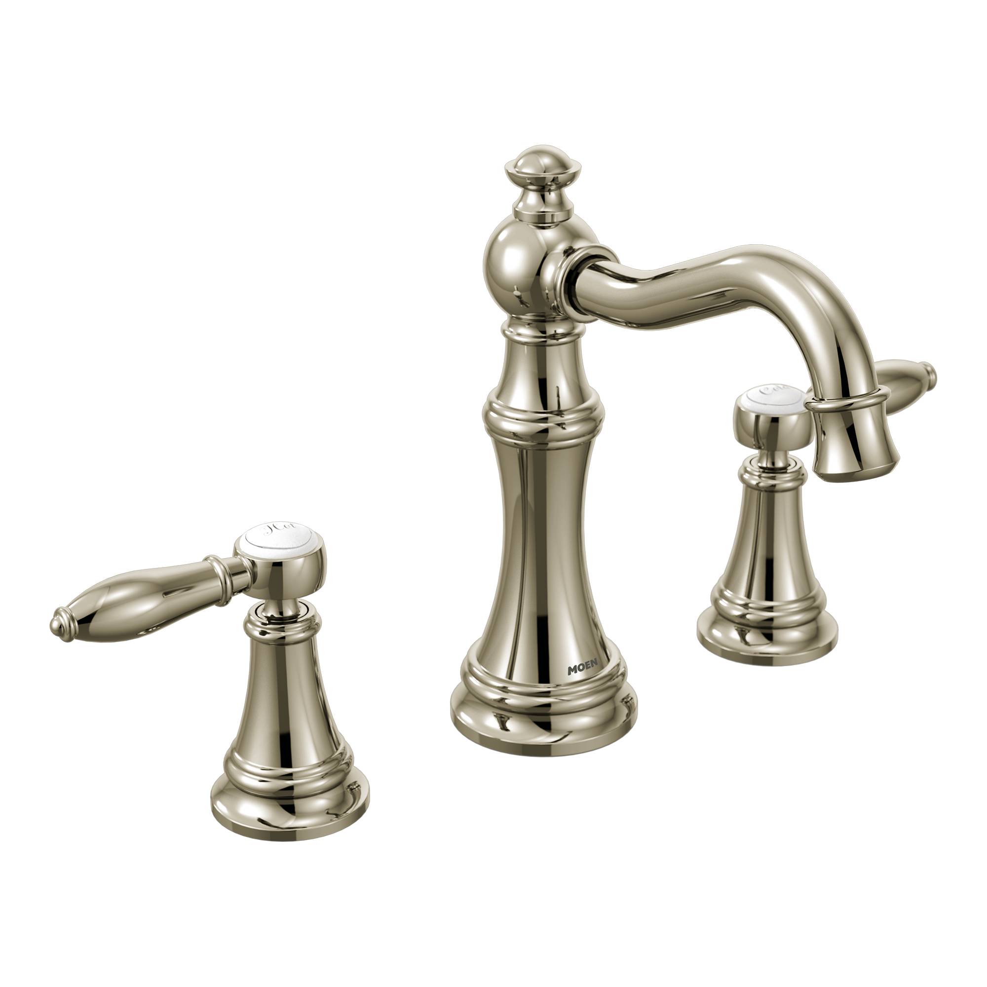 Moen TS42108NL Weymouth Polished Nickel Widespread 2-handle WaterSense Low-arc Commercial/Residential Handle Bathroom Sink Faucet with Drain