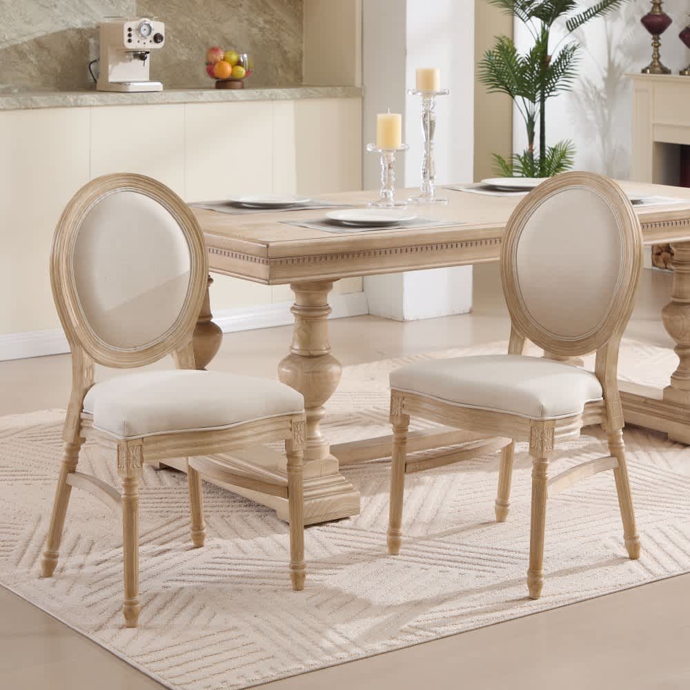 Coolbibila Stackable French Country Dining Chairs Set of 2 Beige Upholstered Dining Chairs with Carved Details and Solid Birch Wood Frame for Kitchen Restaurant