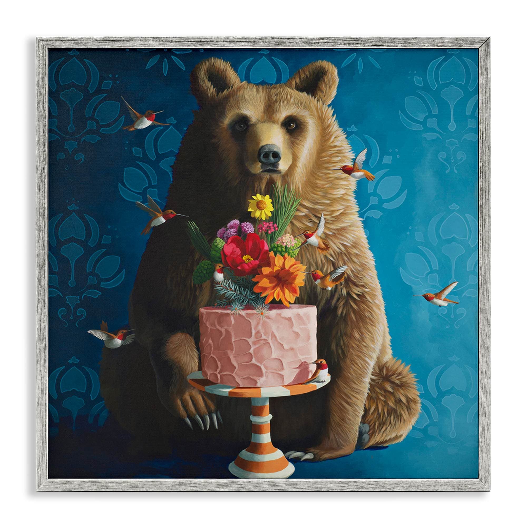 Stupell Industries BT-212-GFF-17X17 Bear with Sweet Dessert Cake Gray Framed Giclee Art By Heather Gauthier 17 x 17