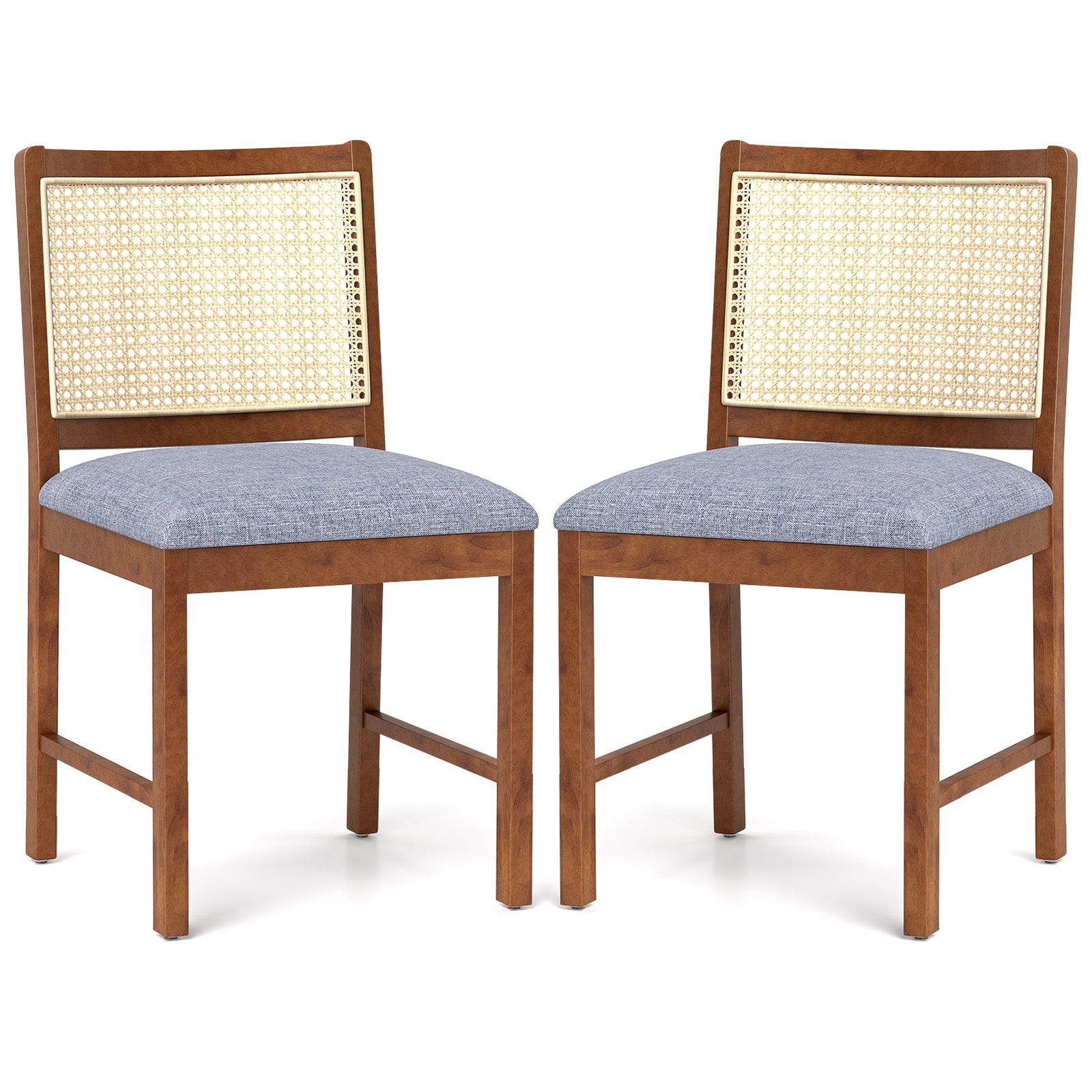 Slickblue D-CO-NW51775CK Set of 2 Armless Dining Chairs with Rattan Back Linen Seat Cushion Warm Wood Finish (Rubber Wood Frame)