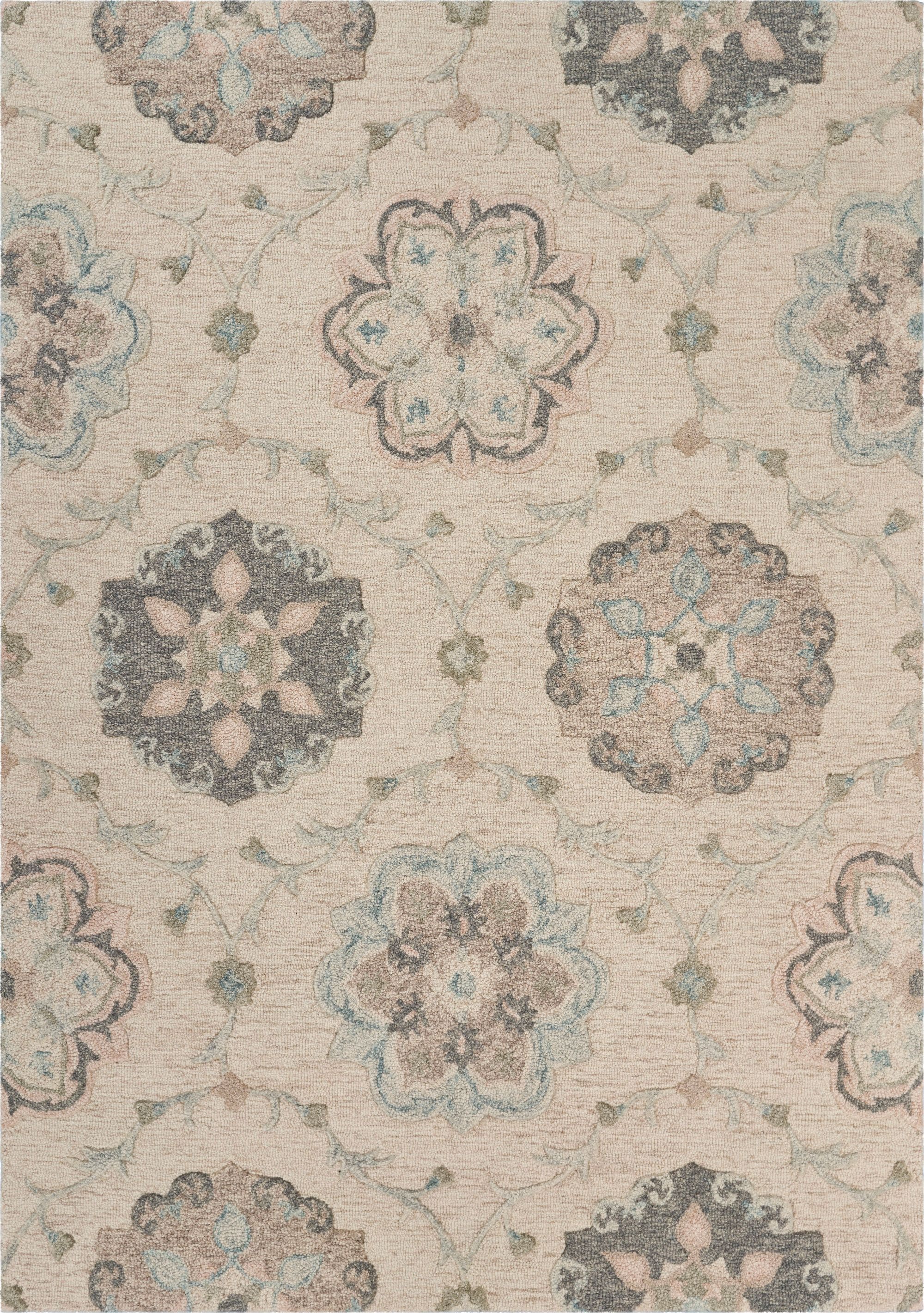 Ivory and Light Blue Round Floral Wool Area Rug
