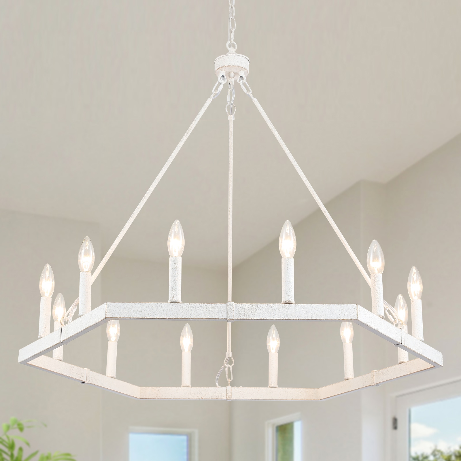 ZemSum 35-in 12-Light Distressed White Candle-Style Metal Wagon Wheel Chandelier