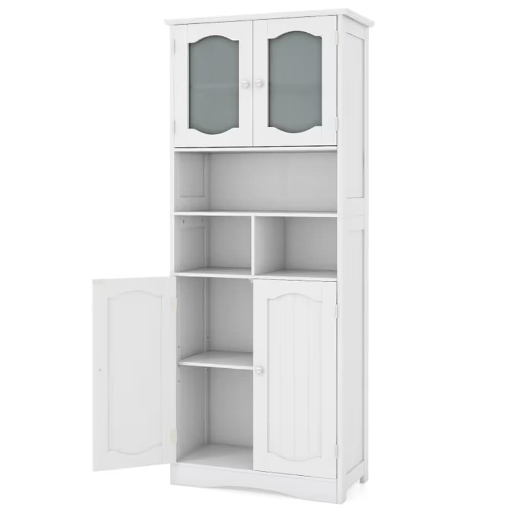 OOU Freestanding Bathroom Storage Cabinet with Frosted Glass Doors Tall Linen Cabinet with Adjustable Shelves and Open Storage White