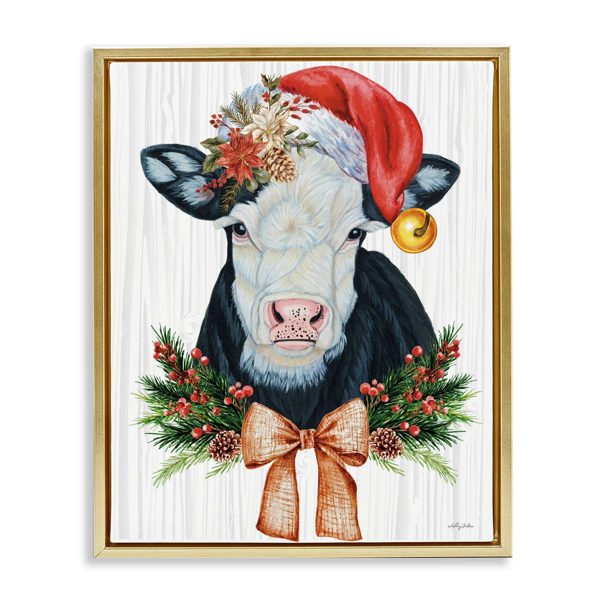 Stupell Industries BT-519-FFG-24X30 Festive Cow in Christmas Hat Gold Framed Floater Canvas Wall Art By Ashley Justice 25 x 31