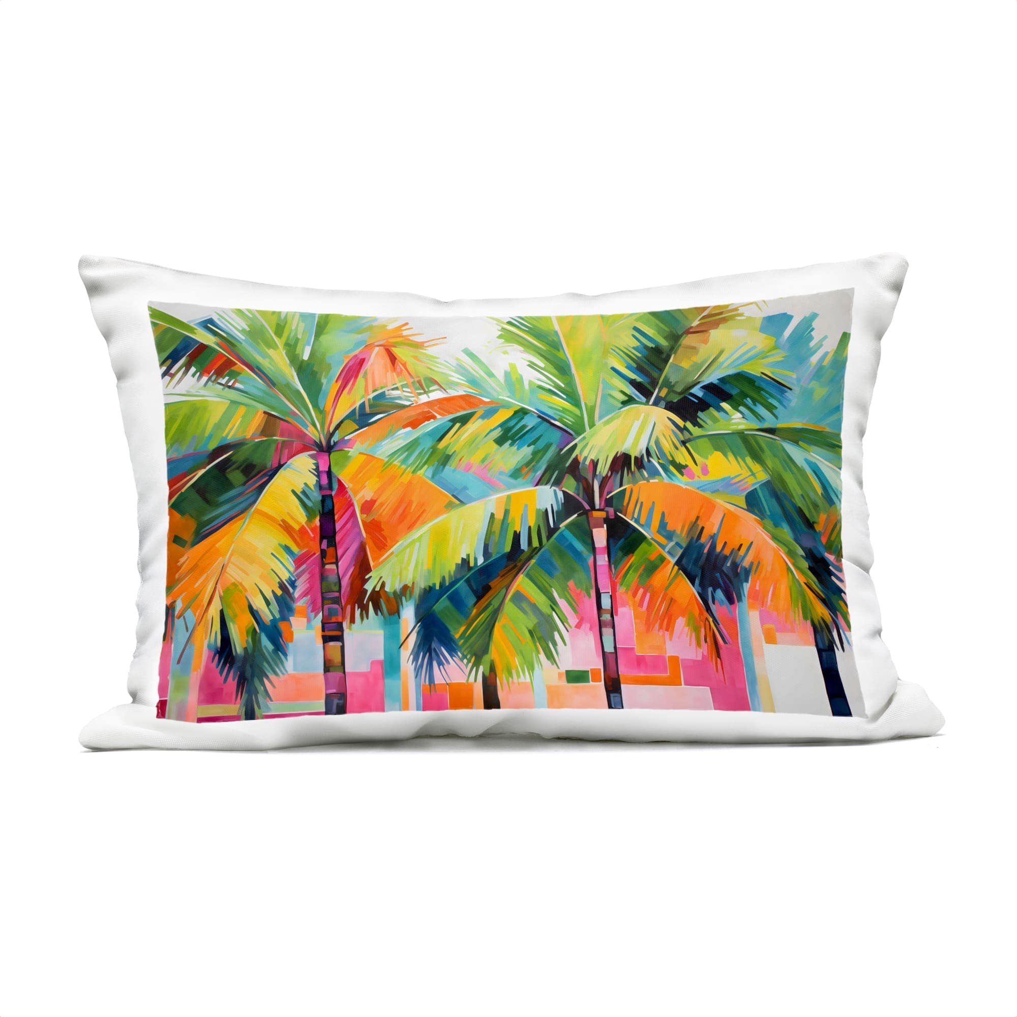 Stupell Industries PLQ-760-ORC-14X20 Bright Mod Palms and Rectangles Outdoor Printed Pillow design by LSR Design Studio 14 x 20