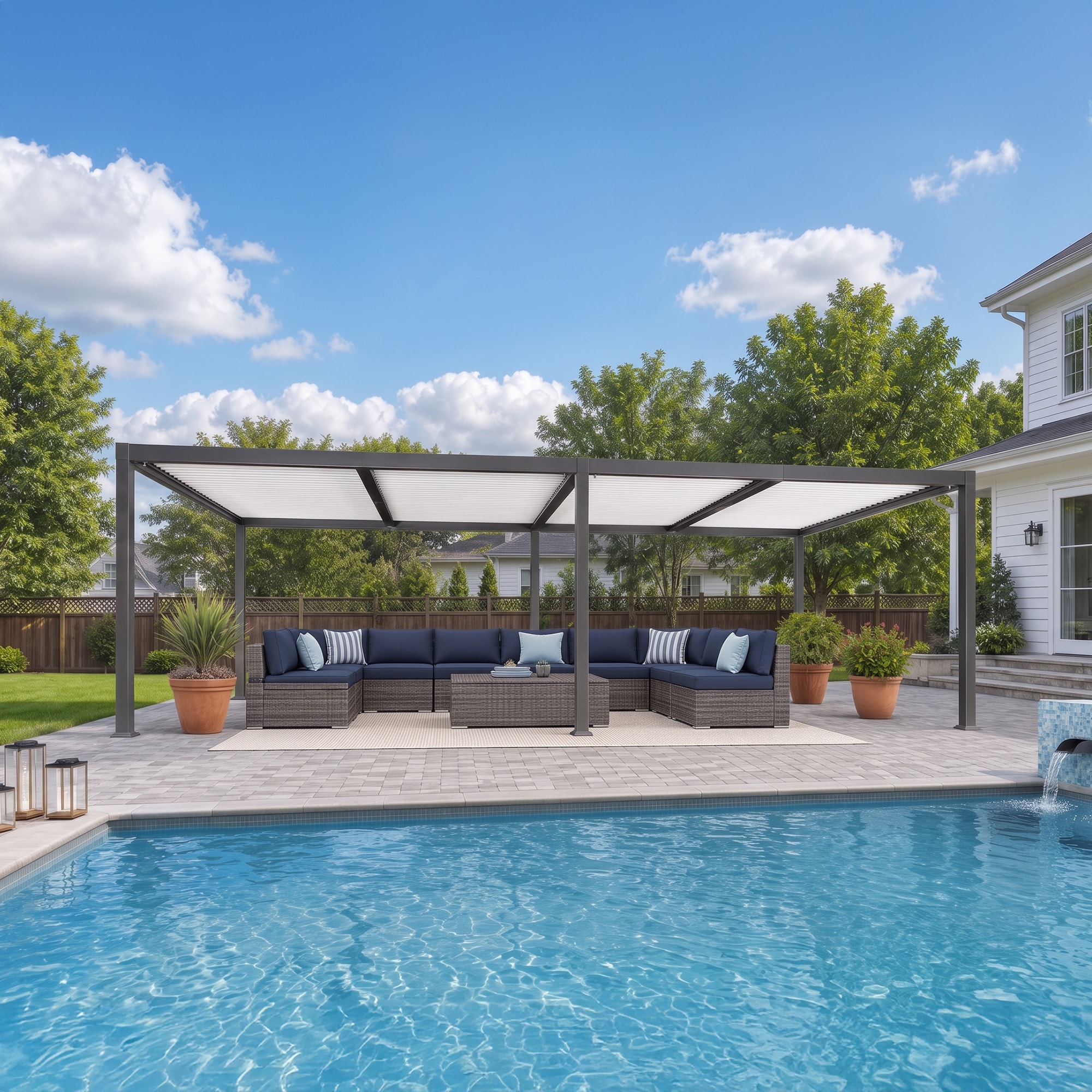 PURPLE LEAF - Louvered Pergola 11-ft W x 28-ft L x 7-ft 8-in H Grey frame, white canopy Pergolas ...