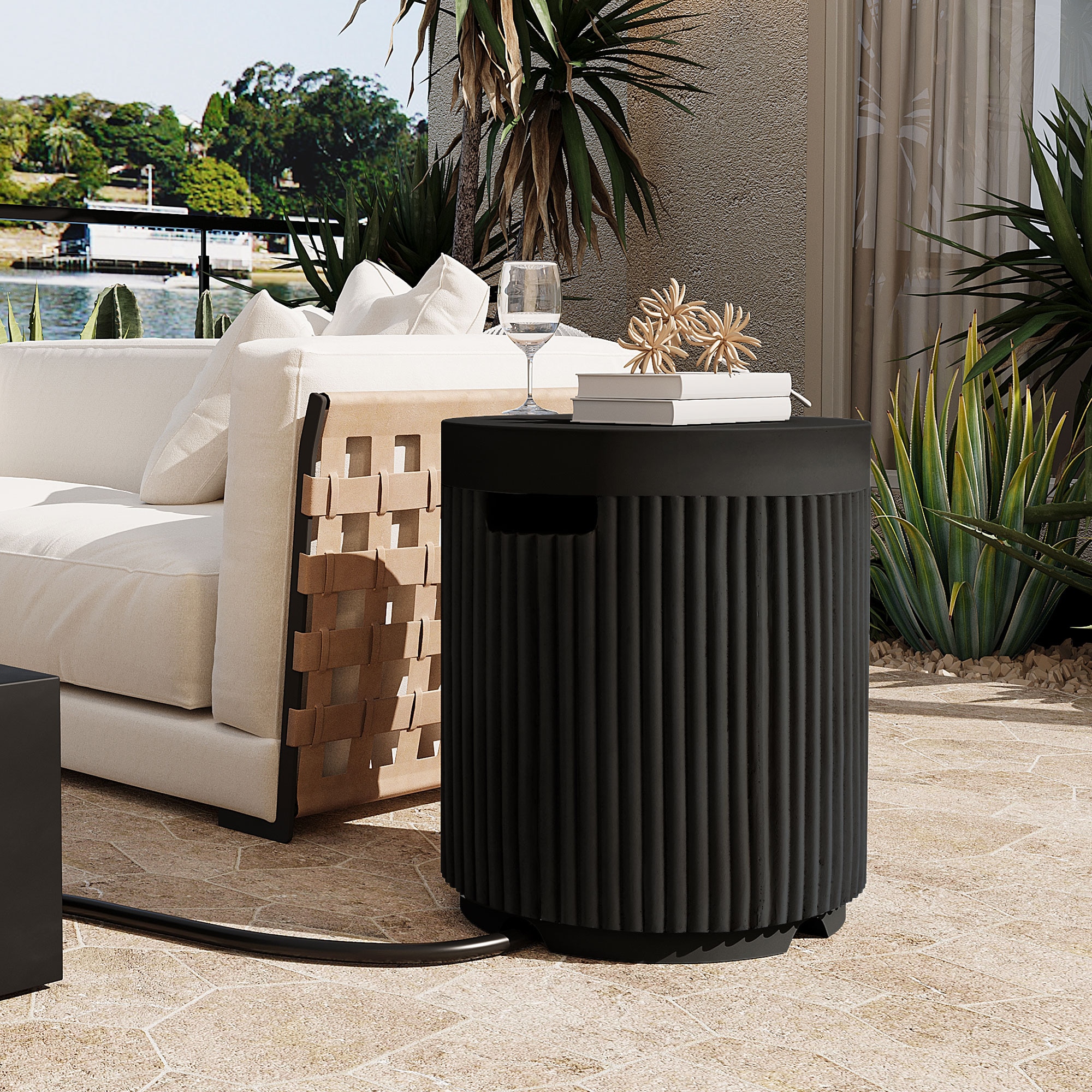 Fun Orange - 16.93" Outdoor Round Propane Tank Cover Table with Vertical Fluted Design, Black