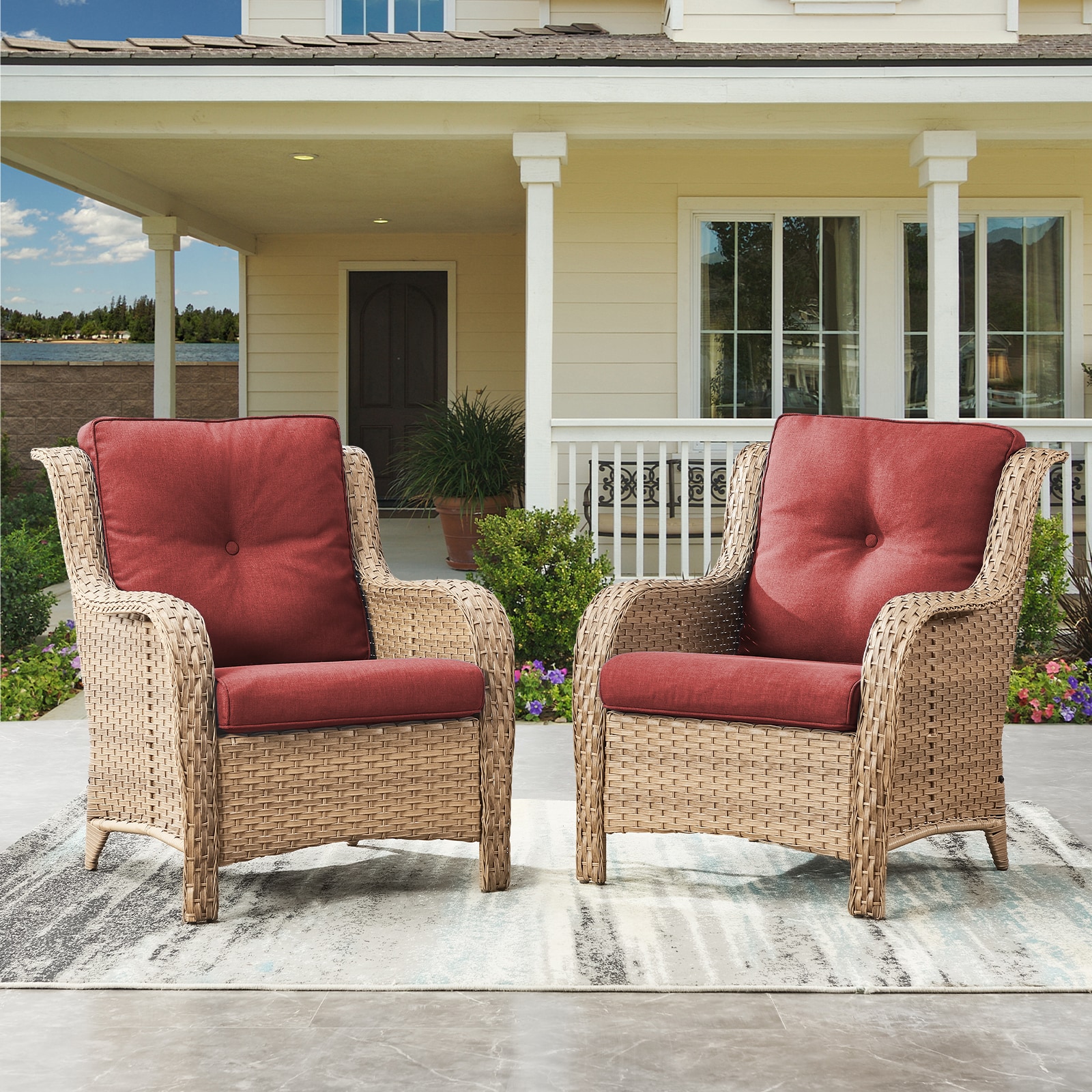  PA106-5 PACHAIRS-T Set of 2 Wicker Yellow Steel Frame Stationary Conversation Chair with Red Cushioned Seat