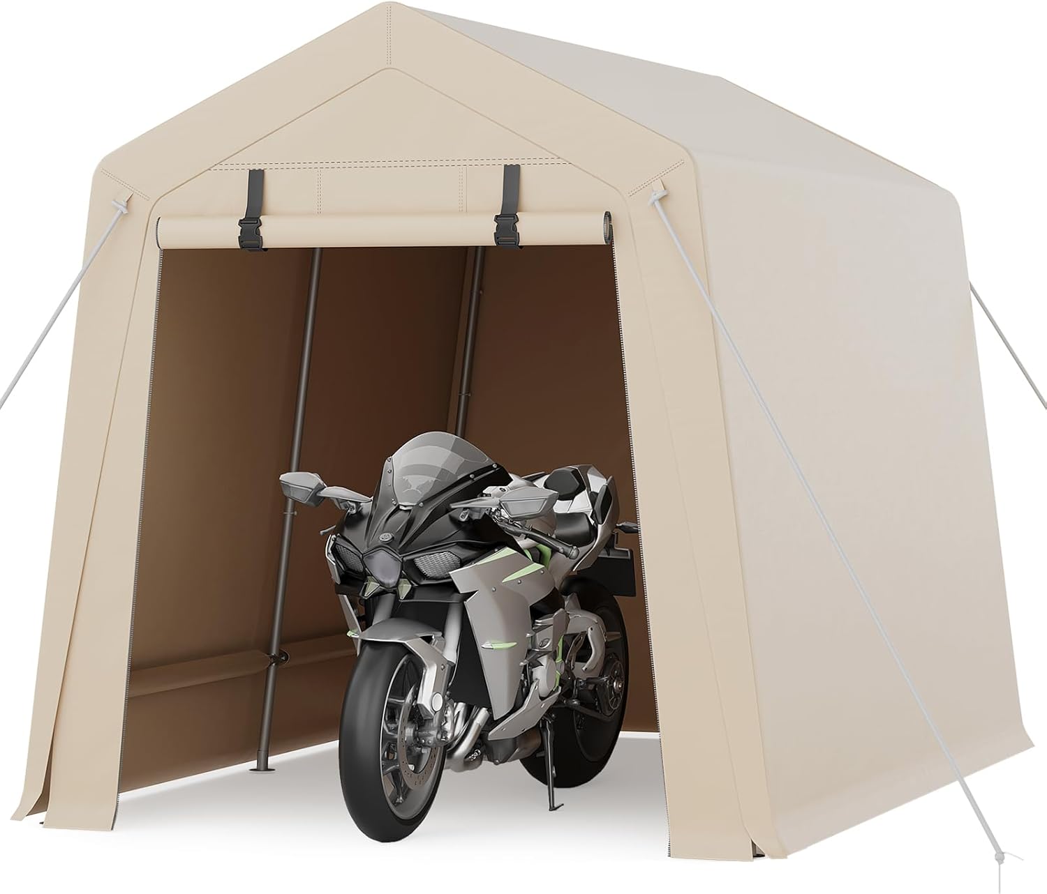 0 JOEY-ATHRUVO8DCIP 7x10 ft Portable Outdoor Storage Shed with Roll Up Zipper Door and Vents 240G Heavy Duty Shelter Waterproof PE Tarp UV Resistant Carport for Motorcycle Firewood Tools Khaki