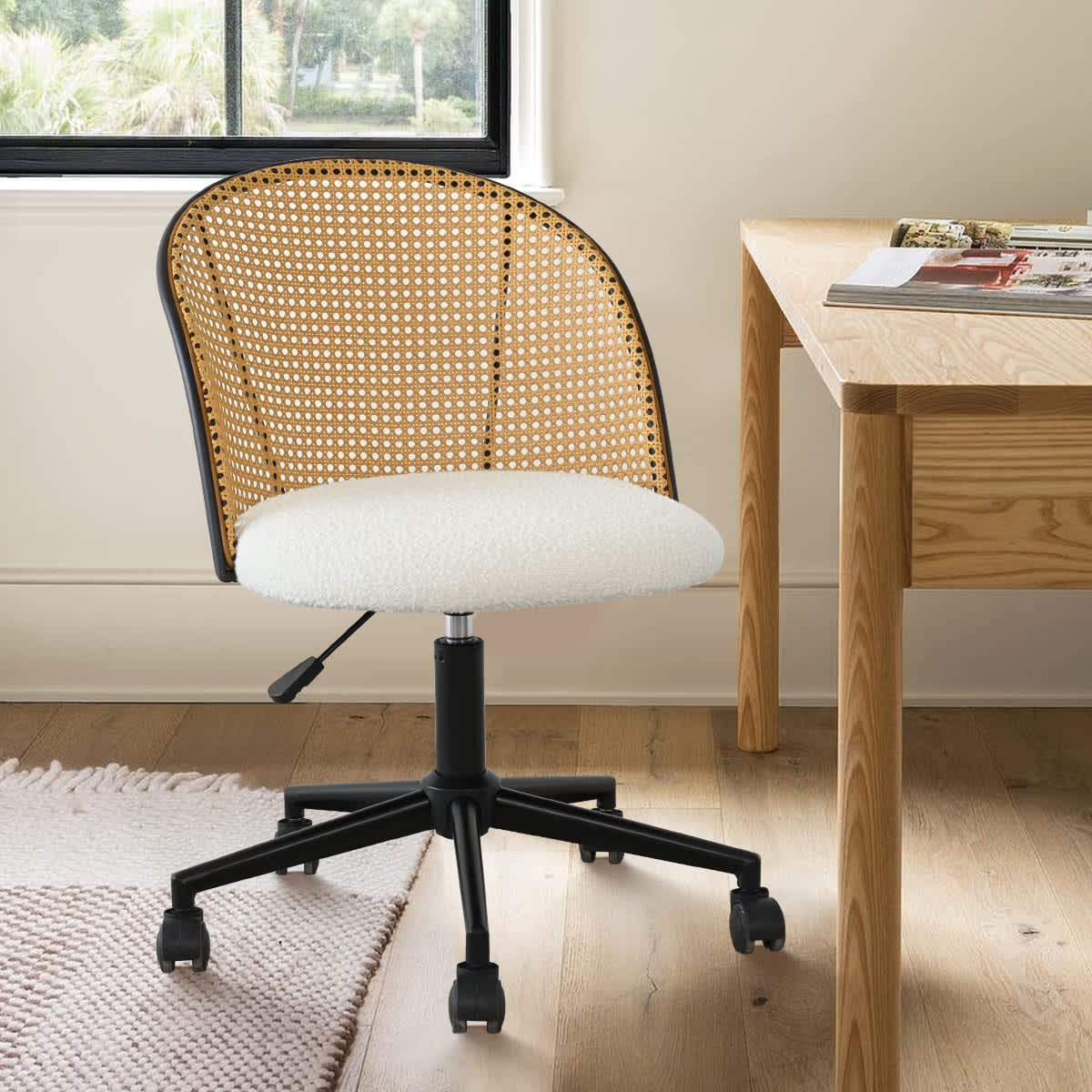 Maison Boucle JULES-OFFICE-WH Rattan Home Office Chair Adjustable Swivel Boucle Task Chair with Wheels for Swivel Bar Stools Use