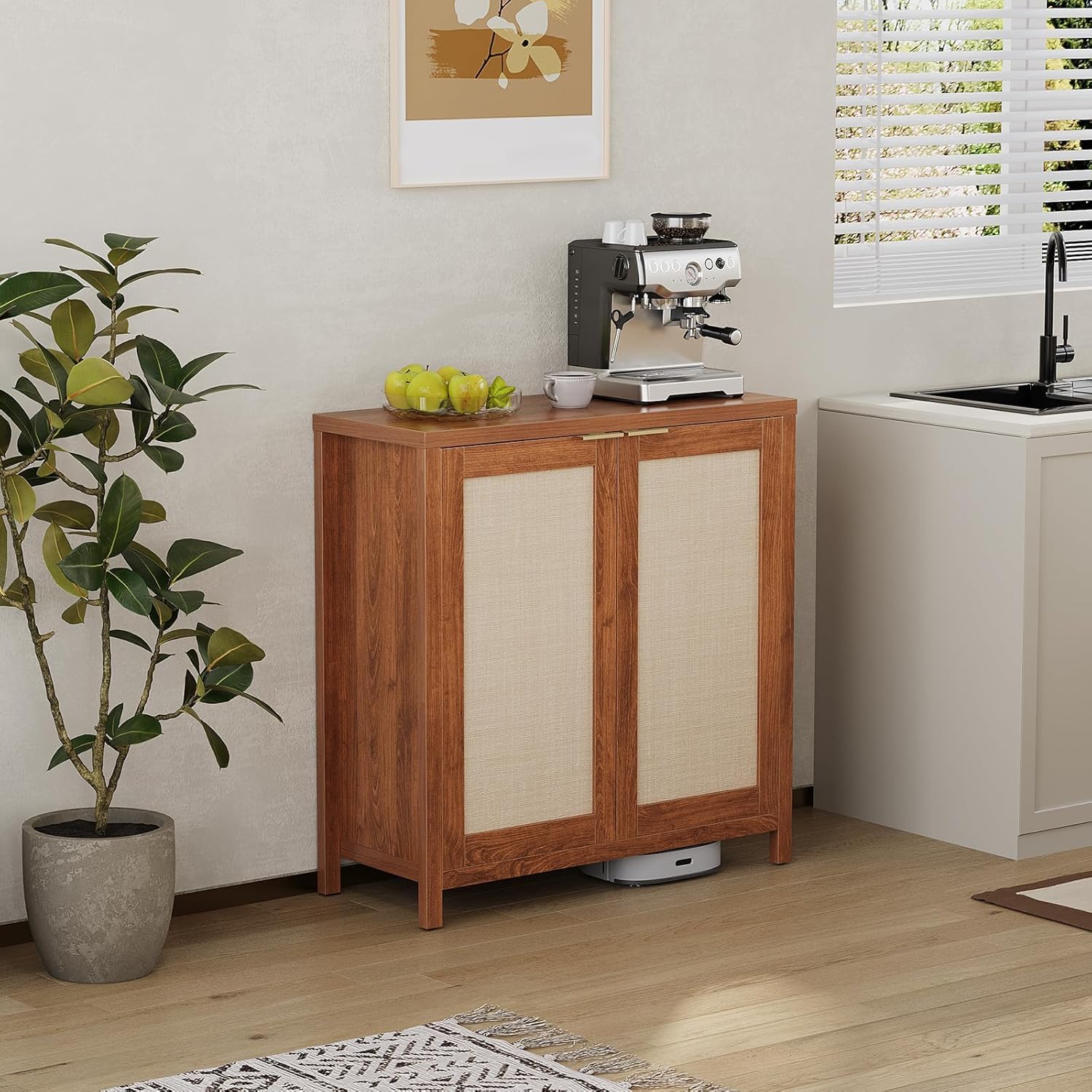IdealHouse Dark Oak 34.3 Inch Farmhouse Rattan Buffet Cabinet With Storage Adjustable Shelves Kitchen Sideboard Console Table For Living Room Dining Room Entryway